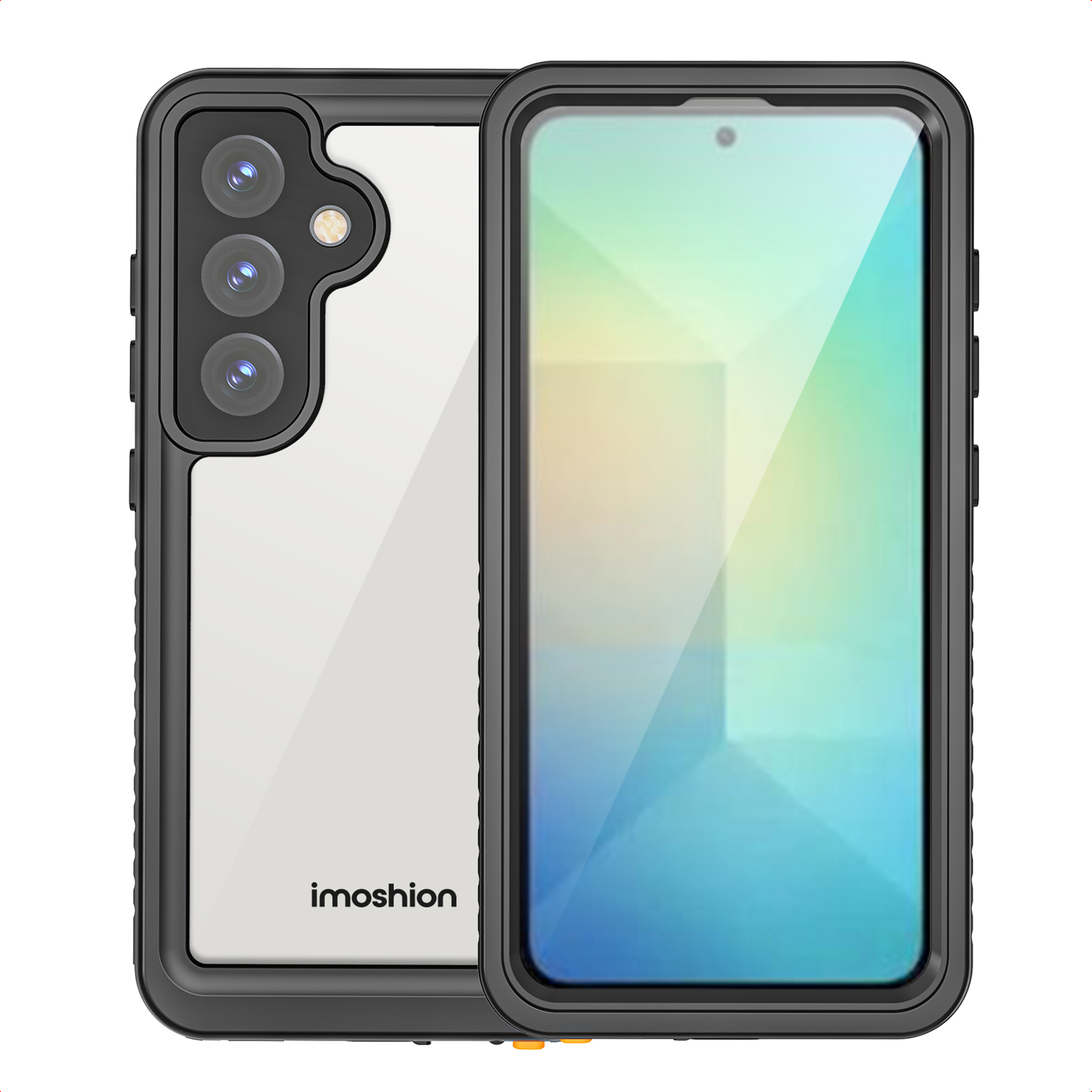 Una custodia per telefono con cornice nera. Ha tre lenti della fotocamera e una protezione per lo schermo. Il marchio è 'imoshion'.