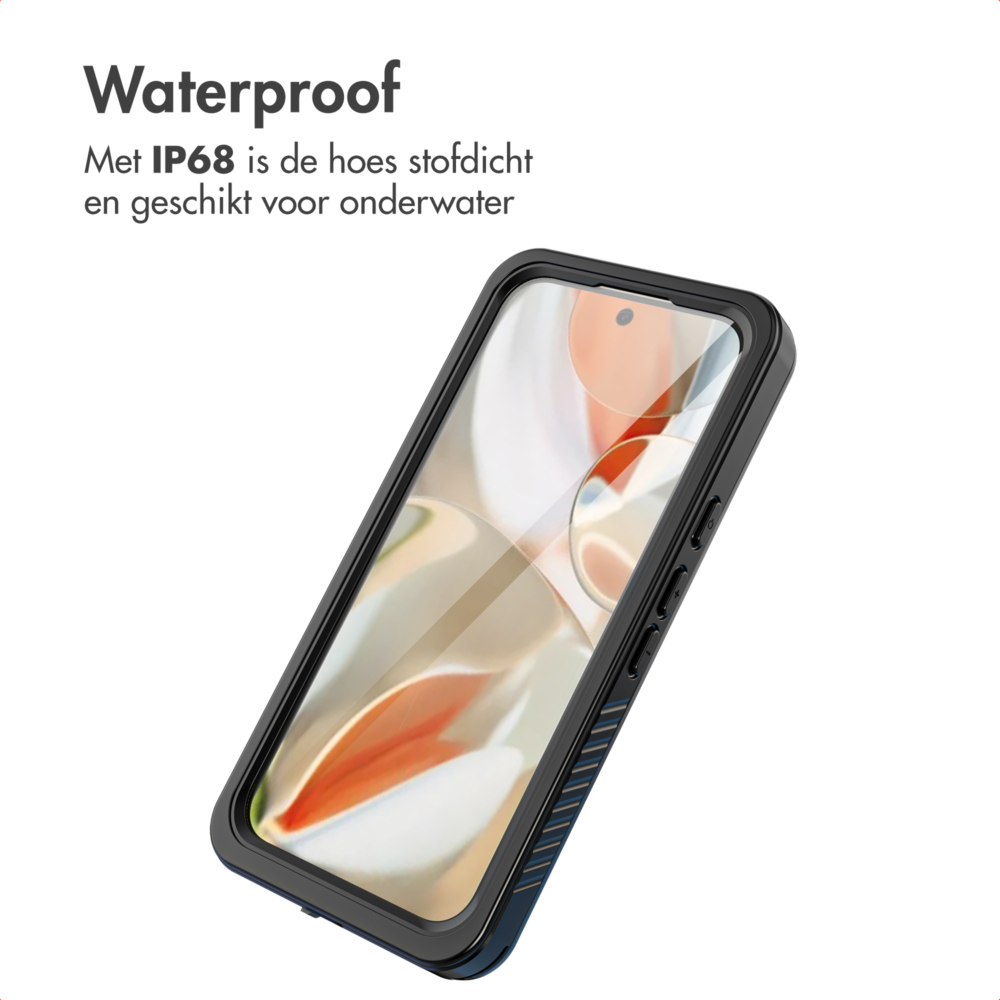 Custodia nera con telefono. Testo: Impermeabile, IP68, adatto sott'acqua.
