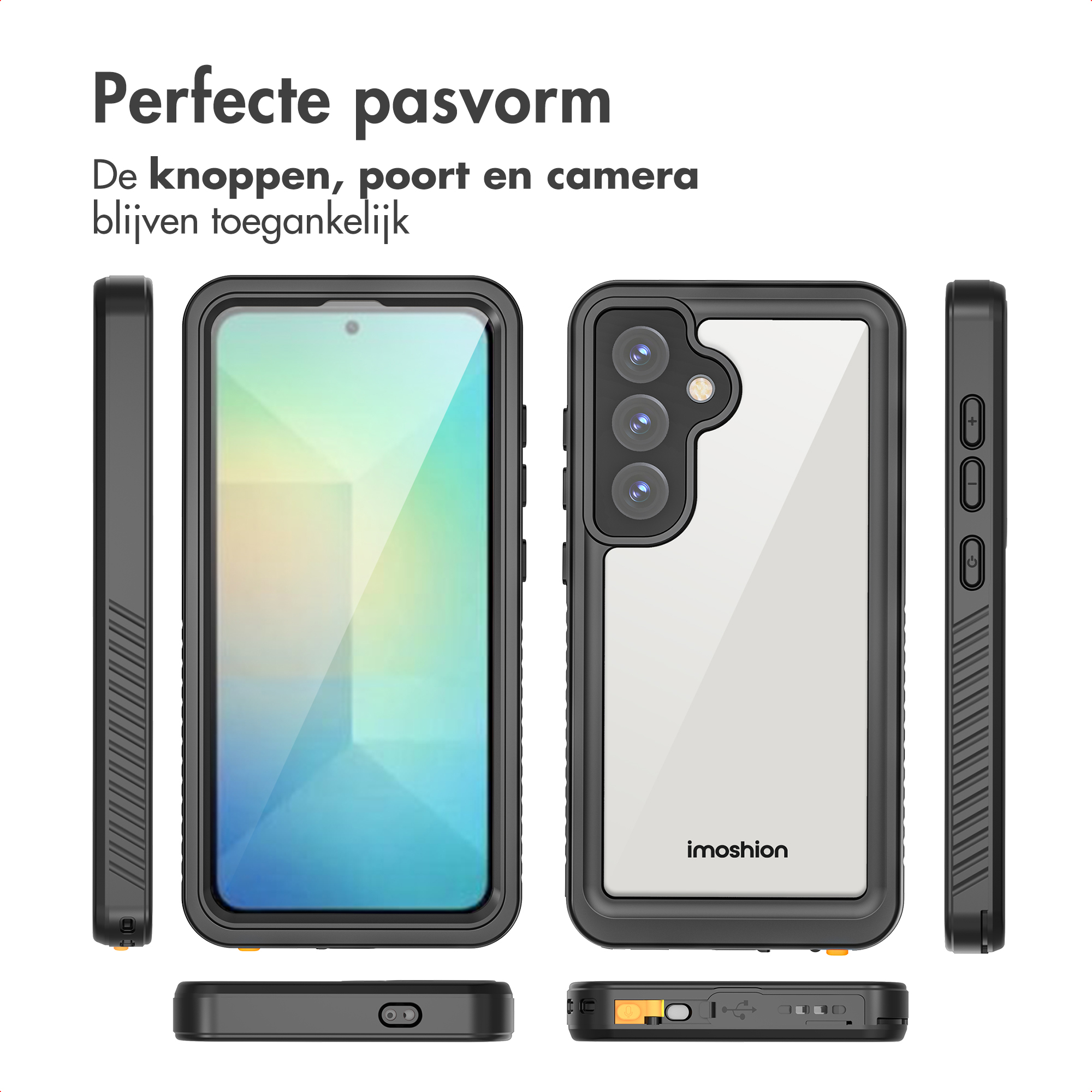 Custodia per telefono con retro trasparente e bordi neri. Mostra pulsanti, porte e accesso alla fotocamera.