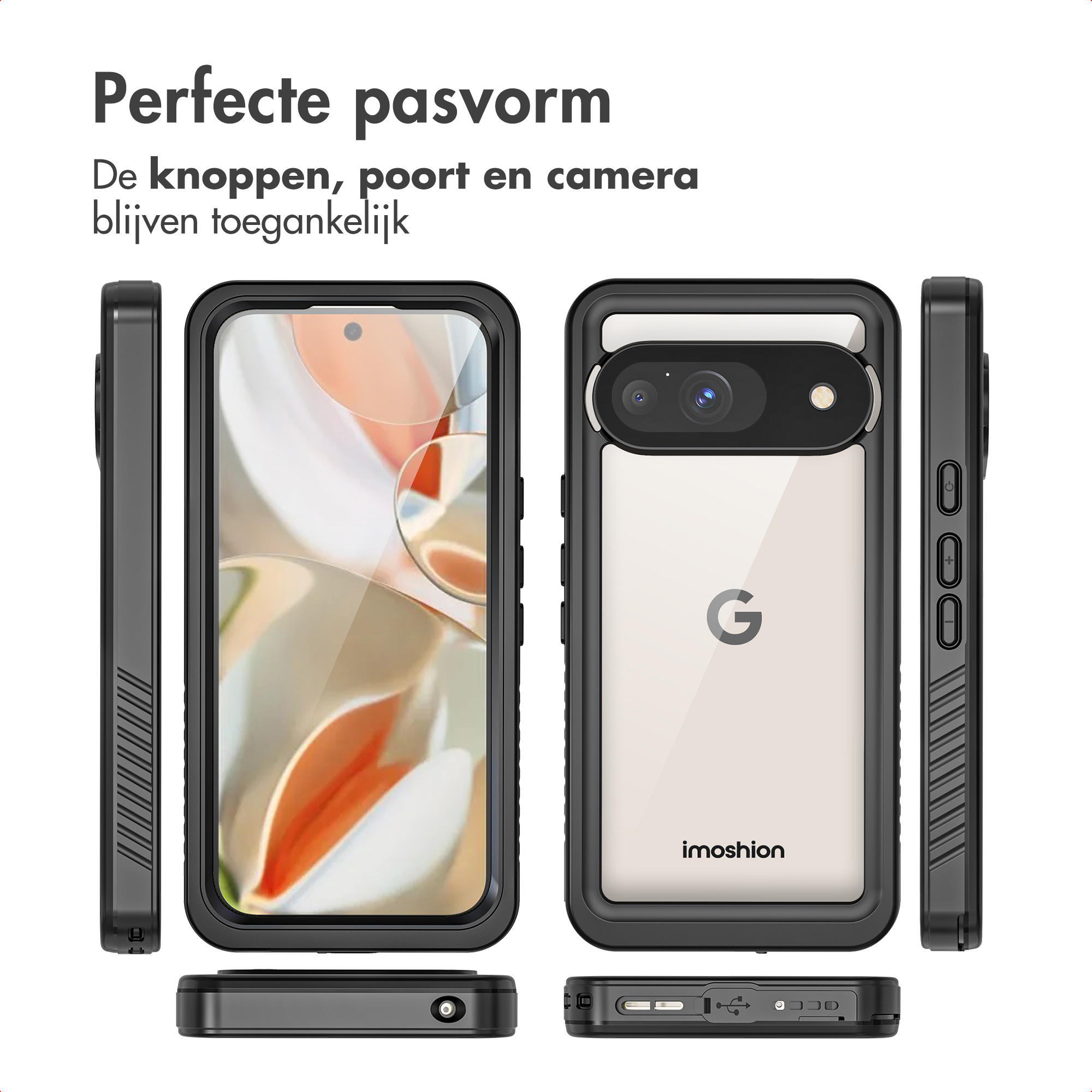 Custodia nera per Google Pixel 6A. Mostra il telefono da diverse angolazioni. Lo schermo è visibile.