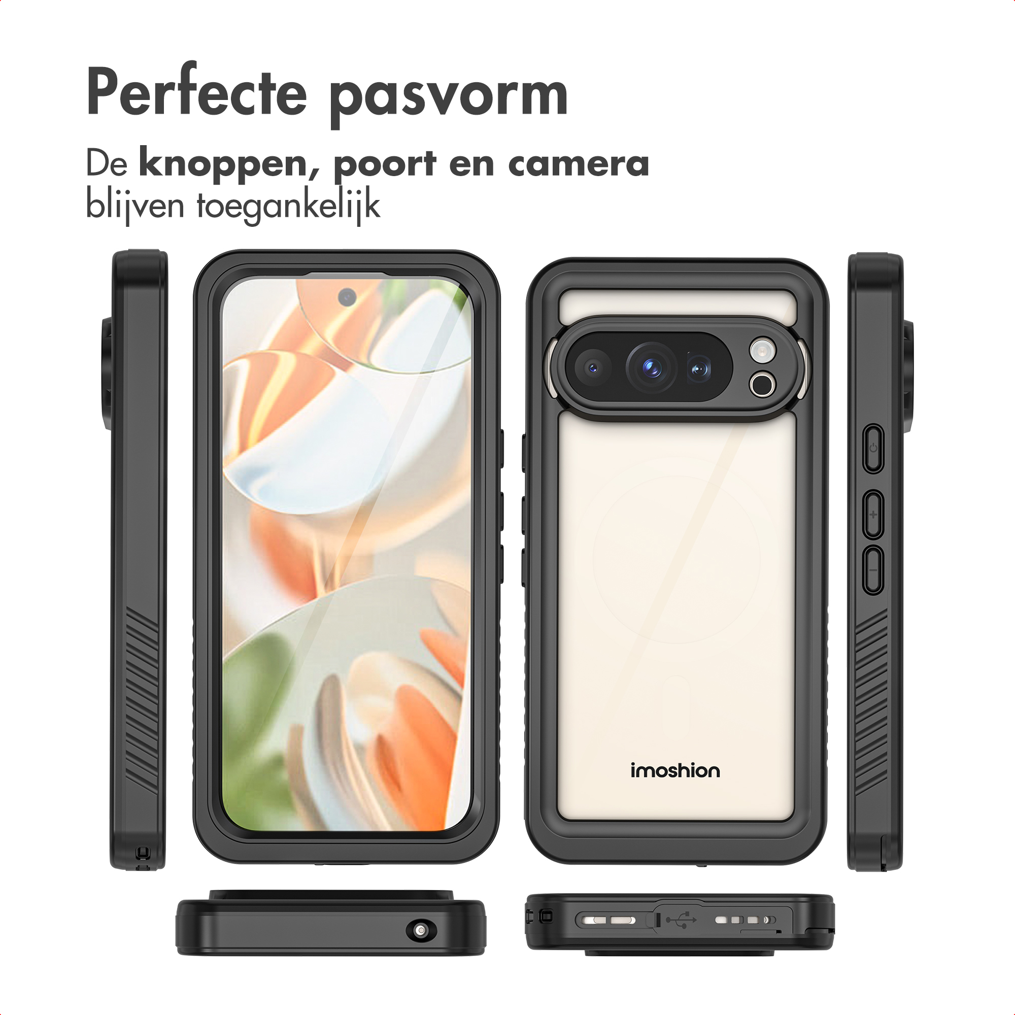 Custodia nera per telefono con retro trasparente. La custodia ha un ritaglio per la fotocamera. Viste multiple: anteriore, posteriore, laterale e inferiore.