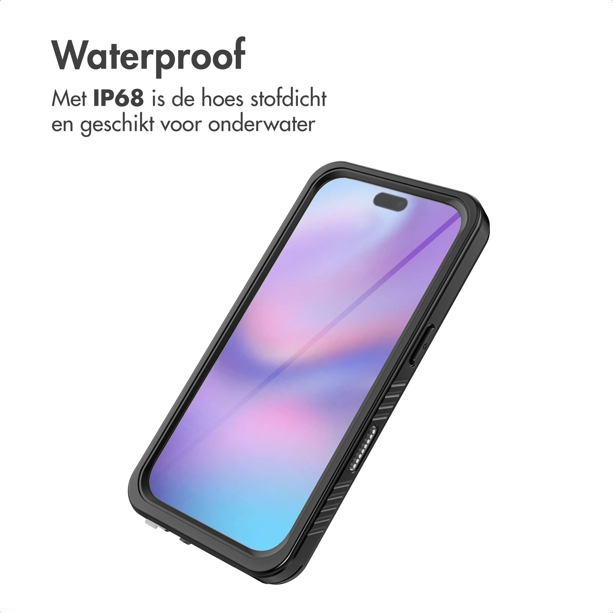 Zwarte telefoonhoes naar rechts gekanteld. Tekst luidt 'Waterdicht'. Telefoonscherm toont kleurrijk beeld.