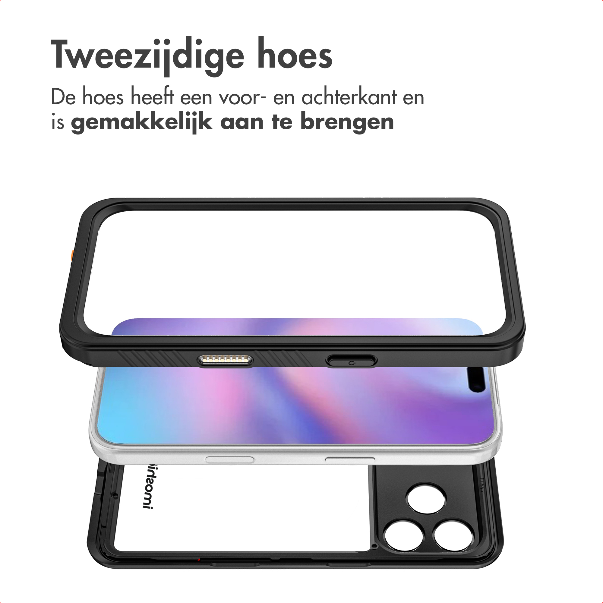 Een telefoonhoesje wordt getoond, gedemonteerd, met een zwart frame en een doorzichtige voorkant. De tekst luidt: 'Tweezijdige hoes'.
