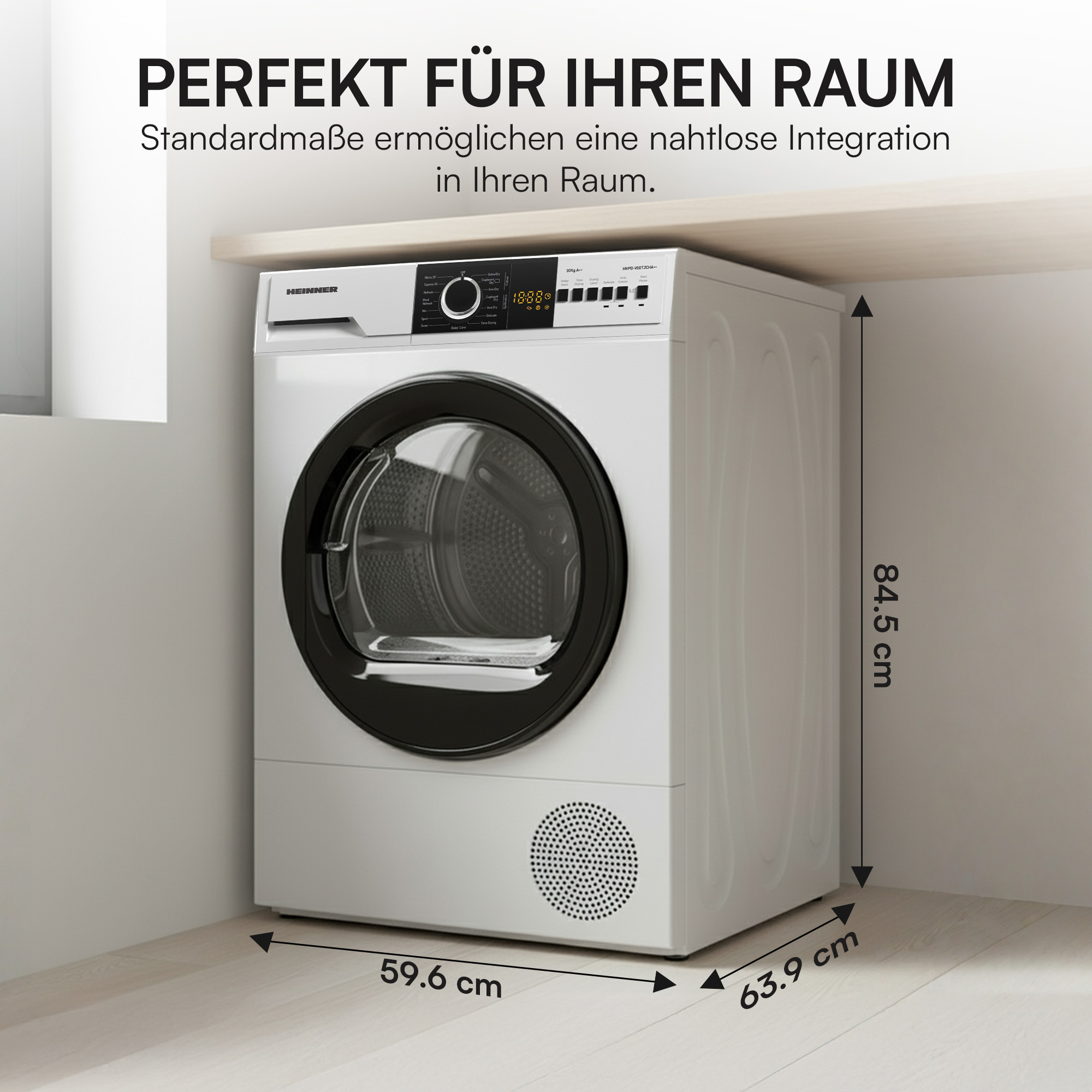 Ein weißer Trockner mit schwarzer Tür wird gezeigt, mit Maßangaben. Text auf Deutsch lautet 'Perfekt für Ihr Zimmer'.