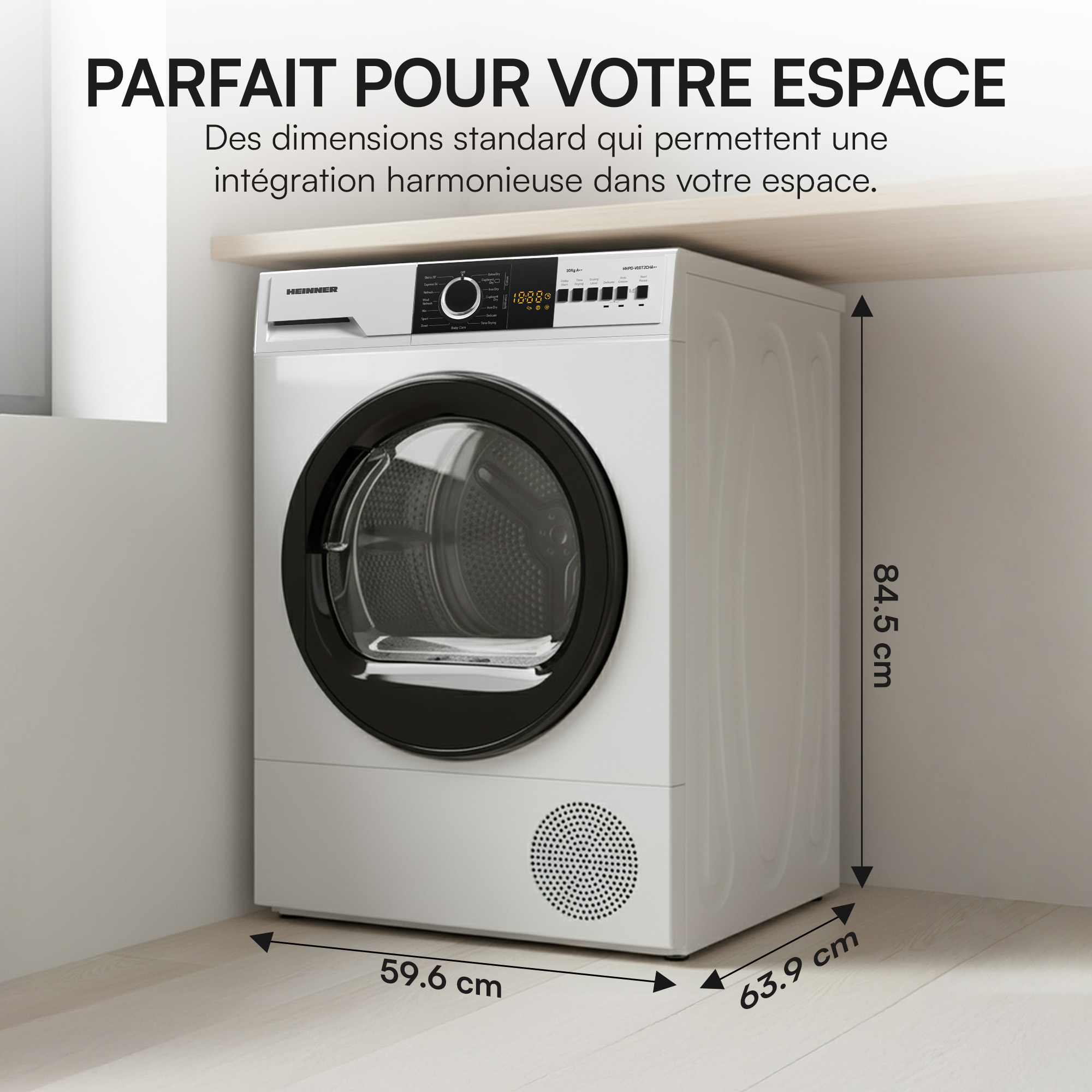 Un sèche-linge blanc avec porte noire, dimensions en cm. Texte: 'Parfait pour votre espace'.