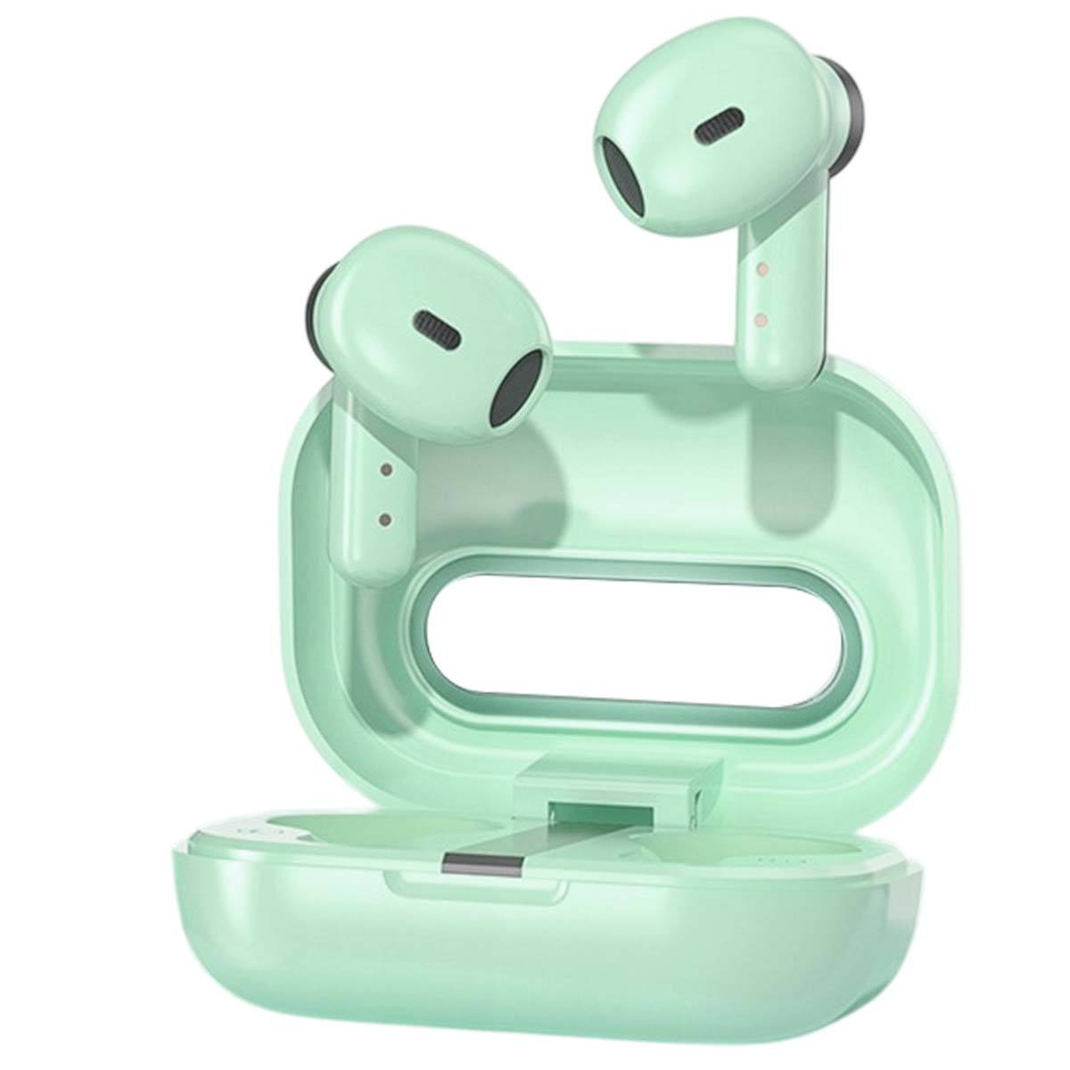 Auricolari wireless e custodia di ricarica verde menta. Due auricolari sono nella custodia, uno fuori. Griglie nere visibili su ogni auricolare.