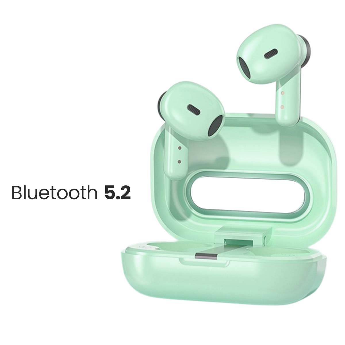 Auricolari wireless e custodia di ricarica verde menta. Il testo dice Bluetooth 5.2. Gli auricolari sono dentro e fuori dalla custodia.