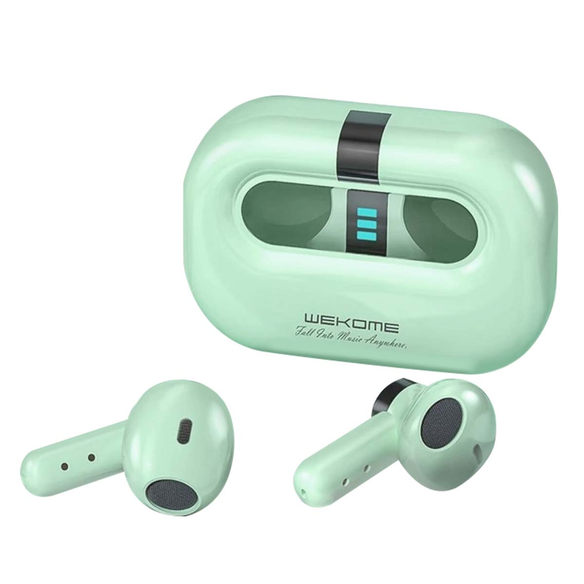 Auricolari wireless e custodia di ricarica verde menta. La custodia ha una striscia nera e il testo: WEKOME Fall Into Music Anywhere.