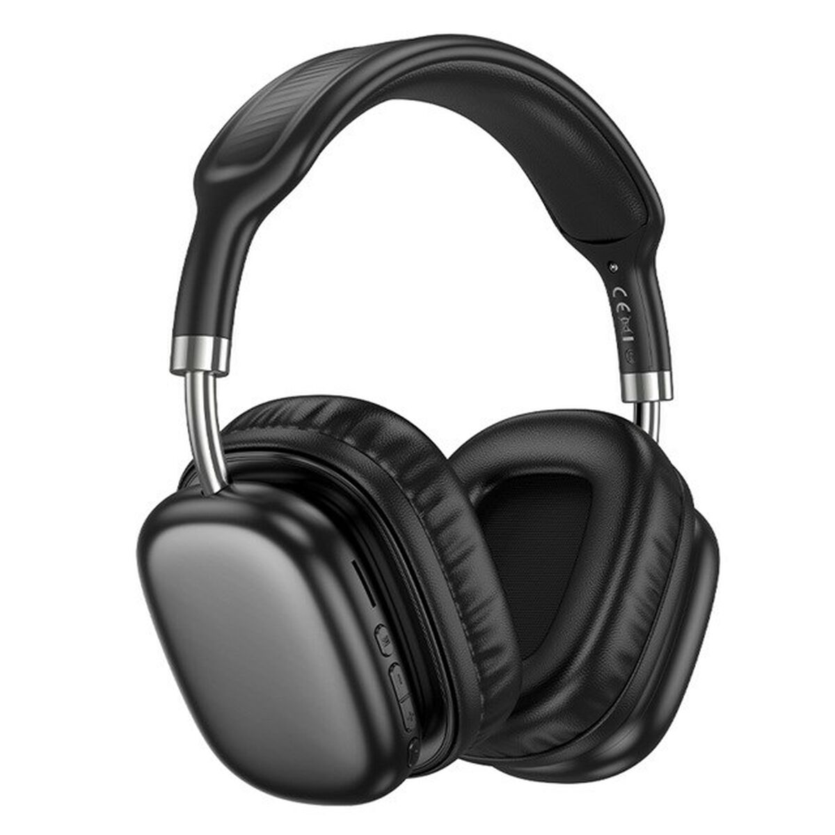 Cuffie over-ear nere. I padiglioni auricolari sono imbottiti e l'archetto è imbottito. Sono visibili dettagli argentati. I pulsanti sono sul padiglione.