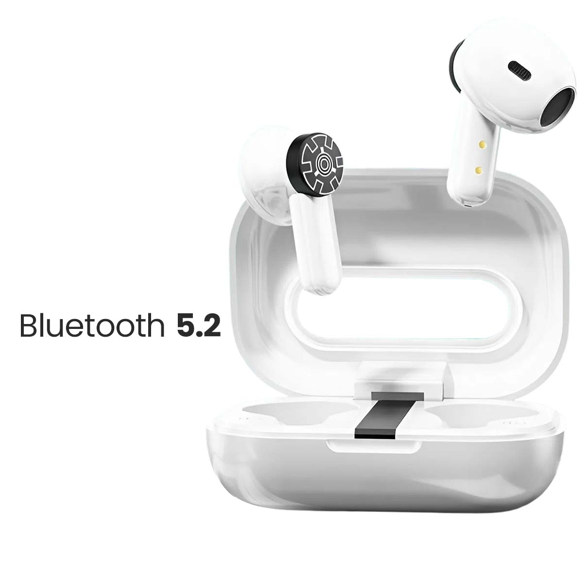 Weiße kabellose Ohrhörer mit Ladecase auf weißem Hintergrund. 'Bluetooth 5.2' ist links gedruckt.