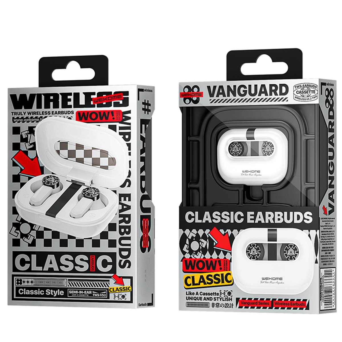 Zwei Schachteln mit kabellosen Ohrhörern. Eine ist offen mit Ohrhörern, die andere geschlossen. Beide Schachteln tragen die Aufschrift 'Classic Earbuds' und 'Vanguard'.