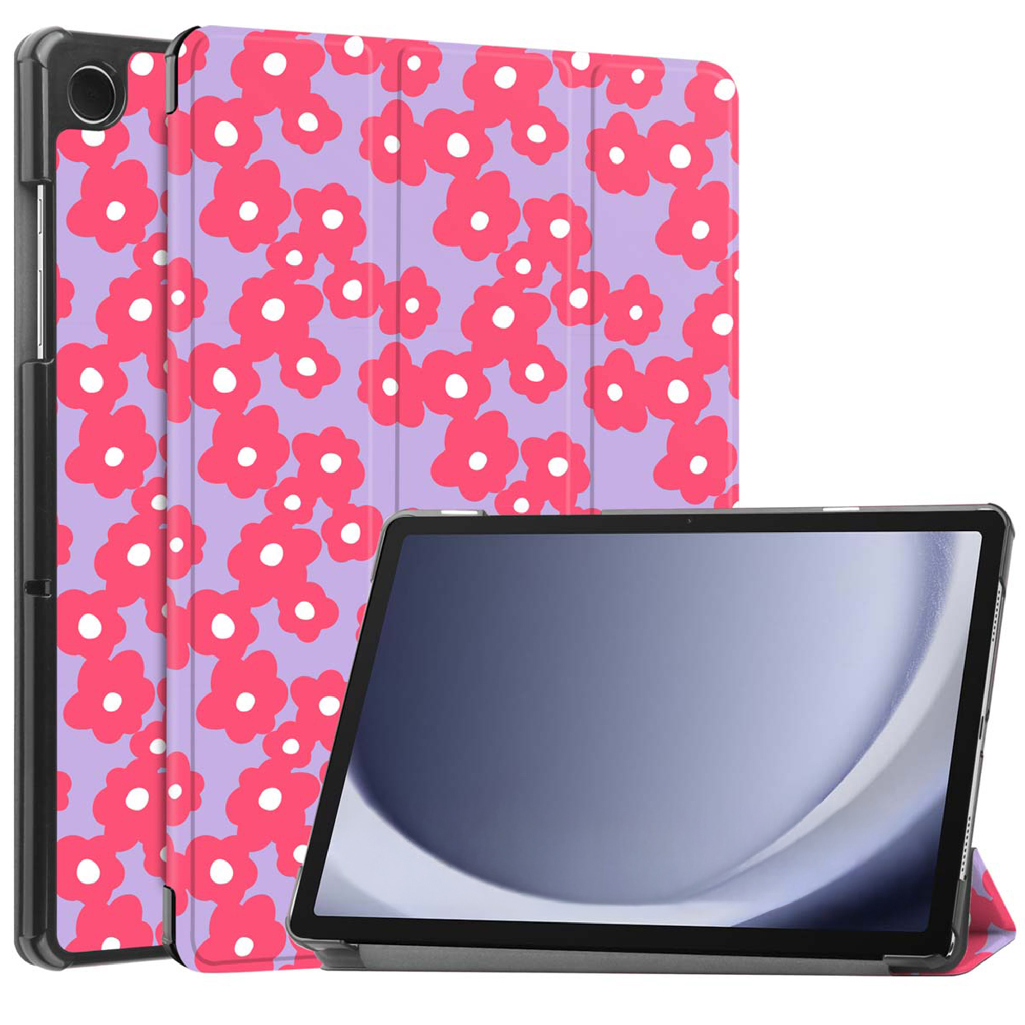Tablet with floral case. The case is purple with pink flowers. The screen is visible.