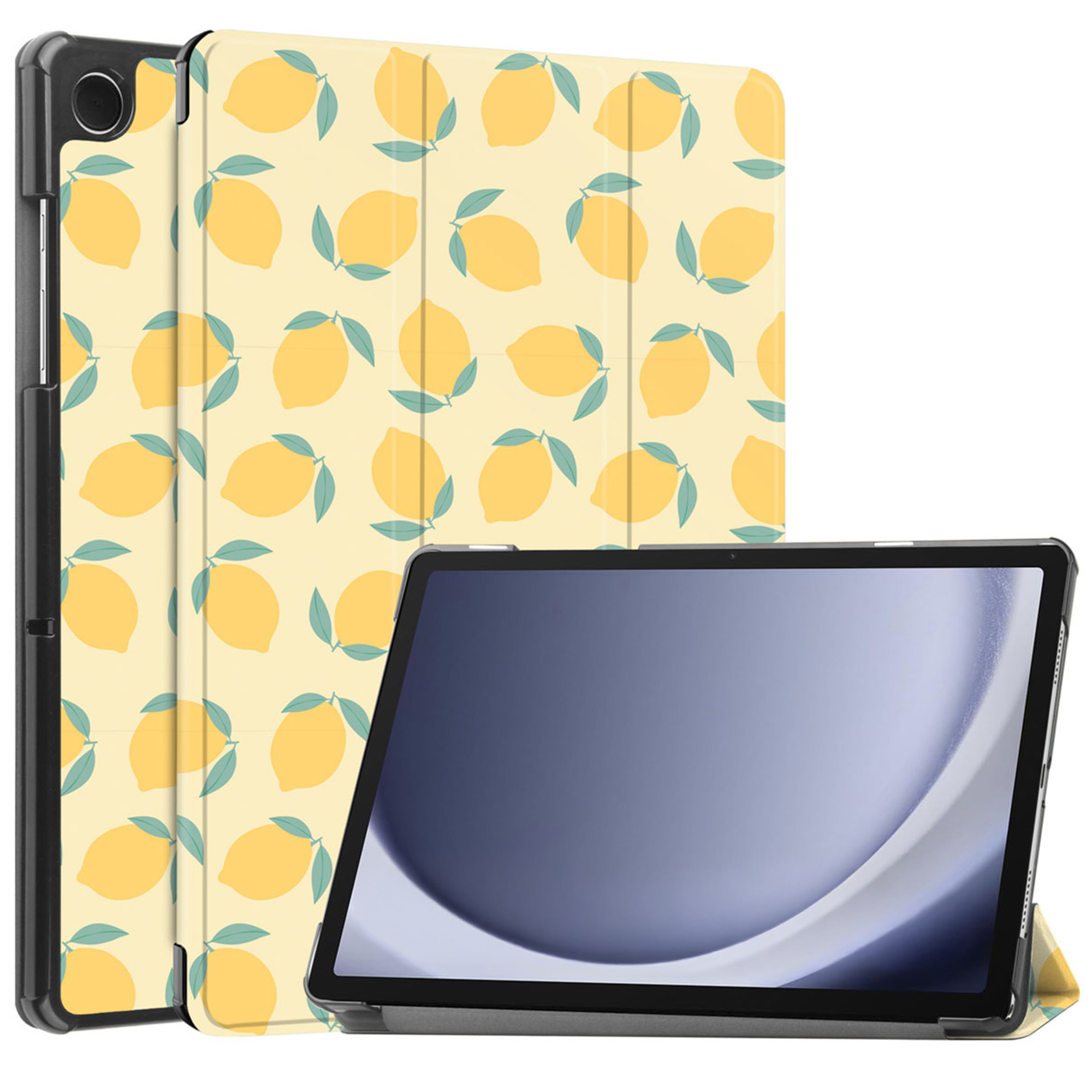 Tablet with a lemon patterned case. The screen is visible. The background is white.