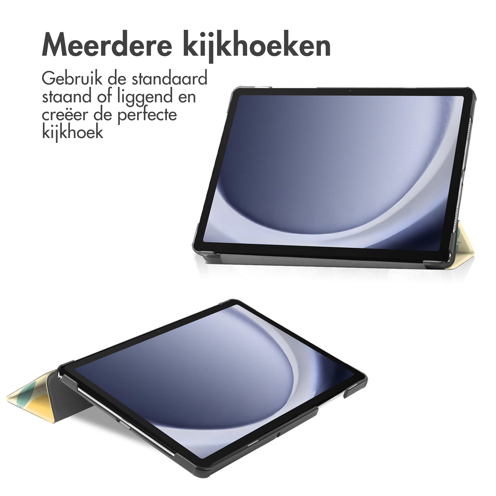 Two tablets on white. One open, one closed. Dutch text: multiple viewing angles. Use stand or lying. Create perfect view.