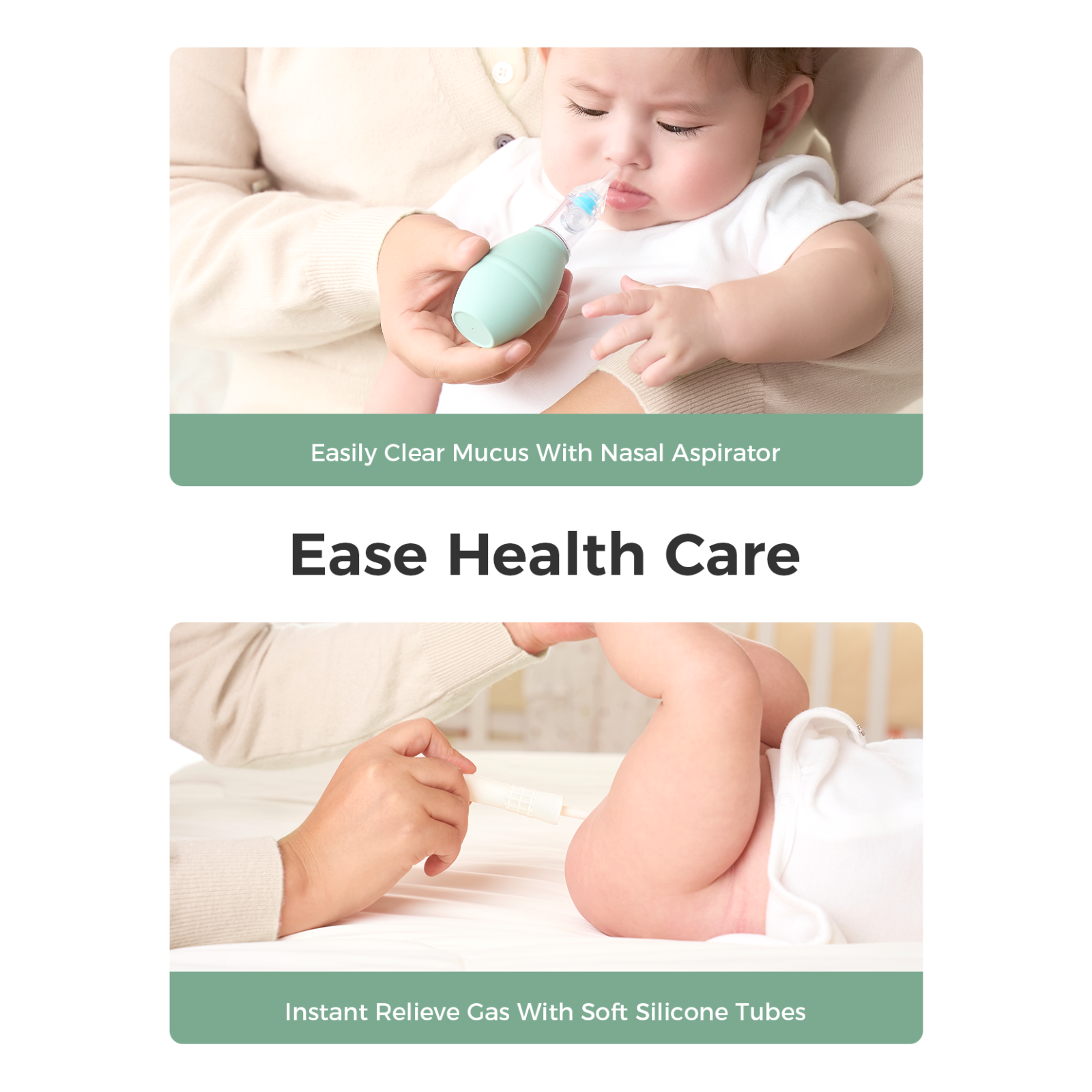 Obrazek przedstawia dziecko z aspiratorem do nosa oraz dziecko otrzymujące ulgę od gazów. Tekst: Ease Health Care. Zdjęcia produktów.