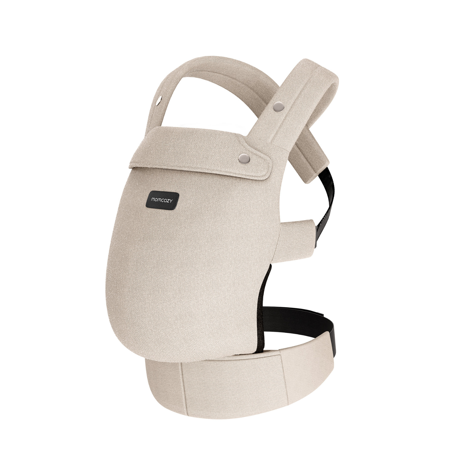 A beige baby carrier with black straps. It has the brand name 'momcozy' on it.