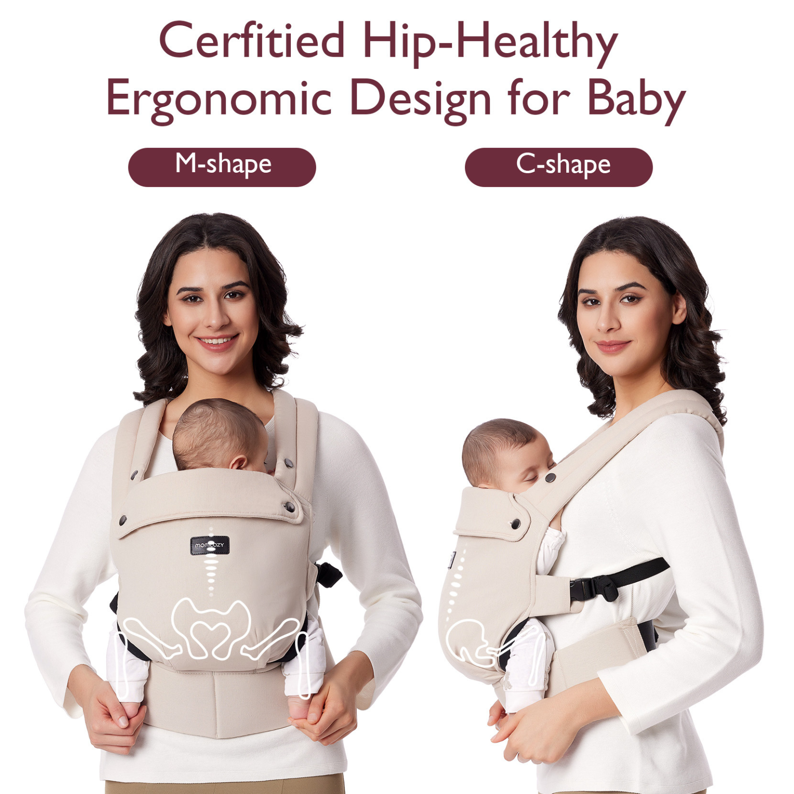 Image shows two women with babies in baby carriers. Text: Certified Hip-Healthy, Ergonomic Design for Baby. M-shape, C-shape.