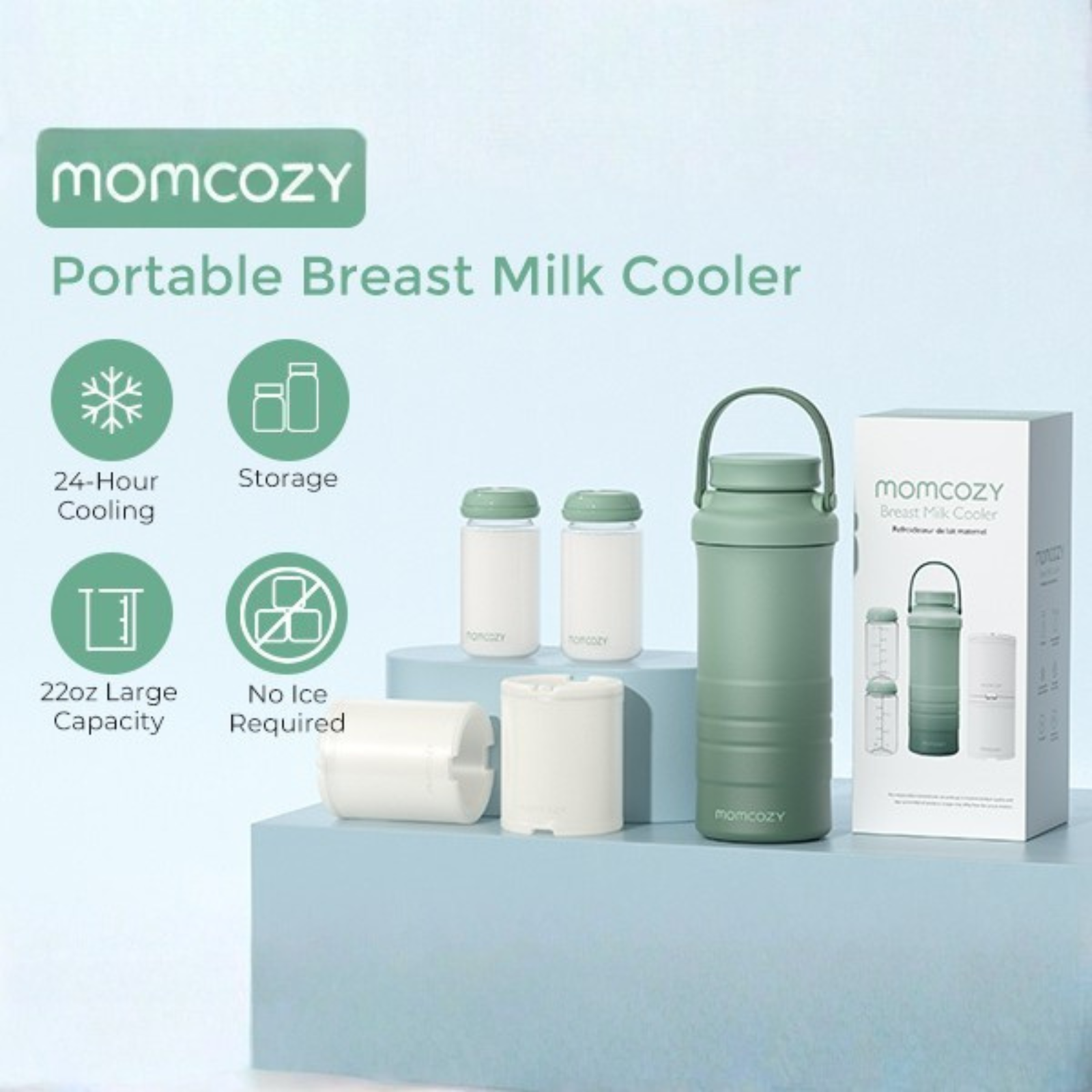 Un kit de refroidisseur de lait maternel Momcozy avec des biberons, une glacière et une boîte. Il est vert et blanc sur une surface bleue.