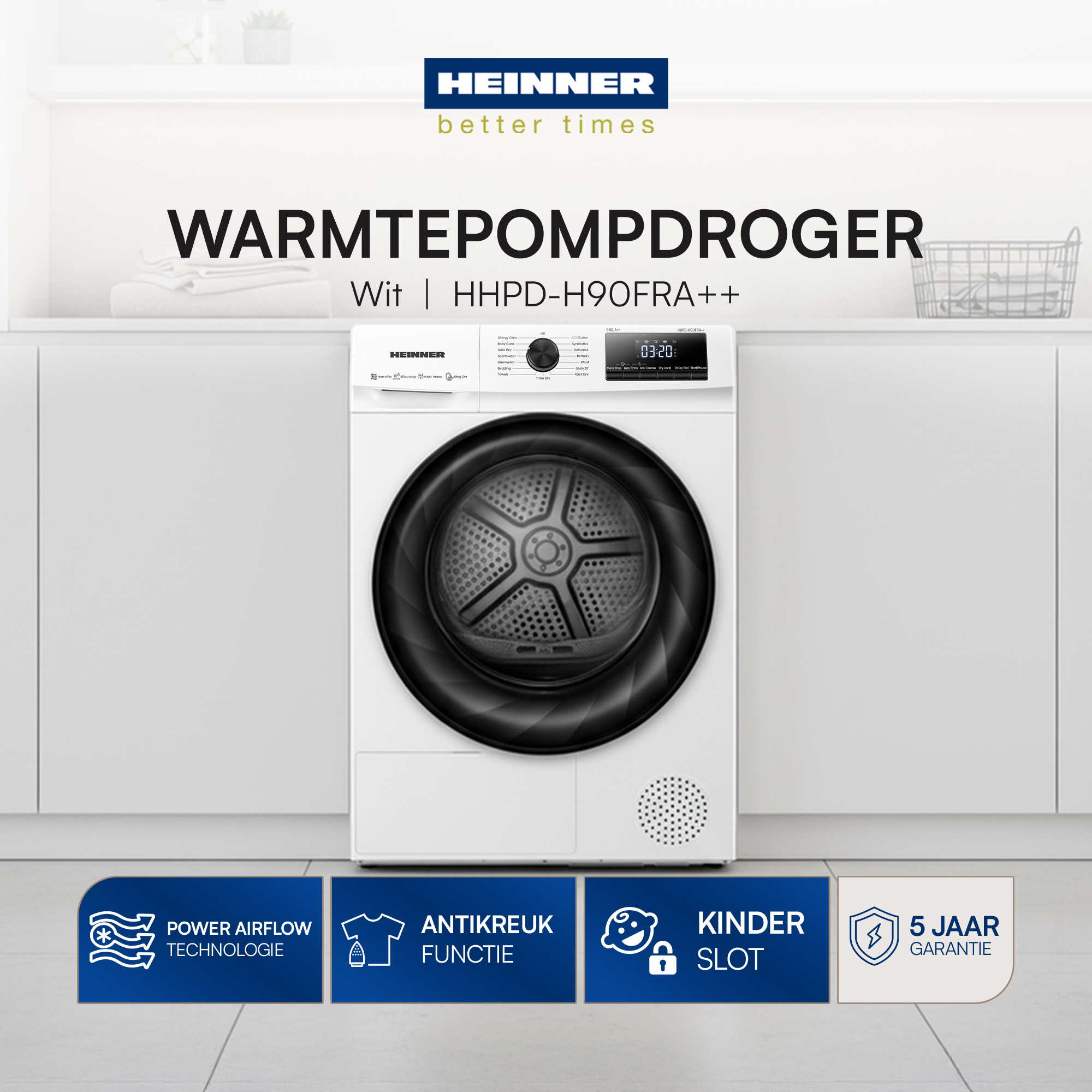 Weißer Trockner mit schwarzer Tür. Text lautet 'WARMTEPOMPDROGER'. Verschiedene Symbole und Texte zu Funktionen sind abgebildet.
