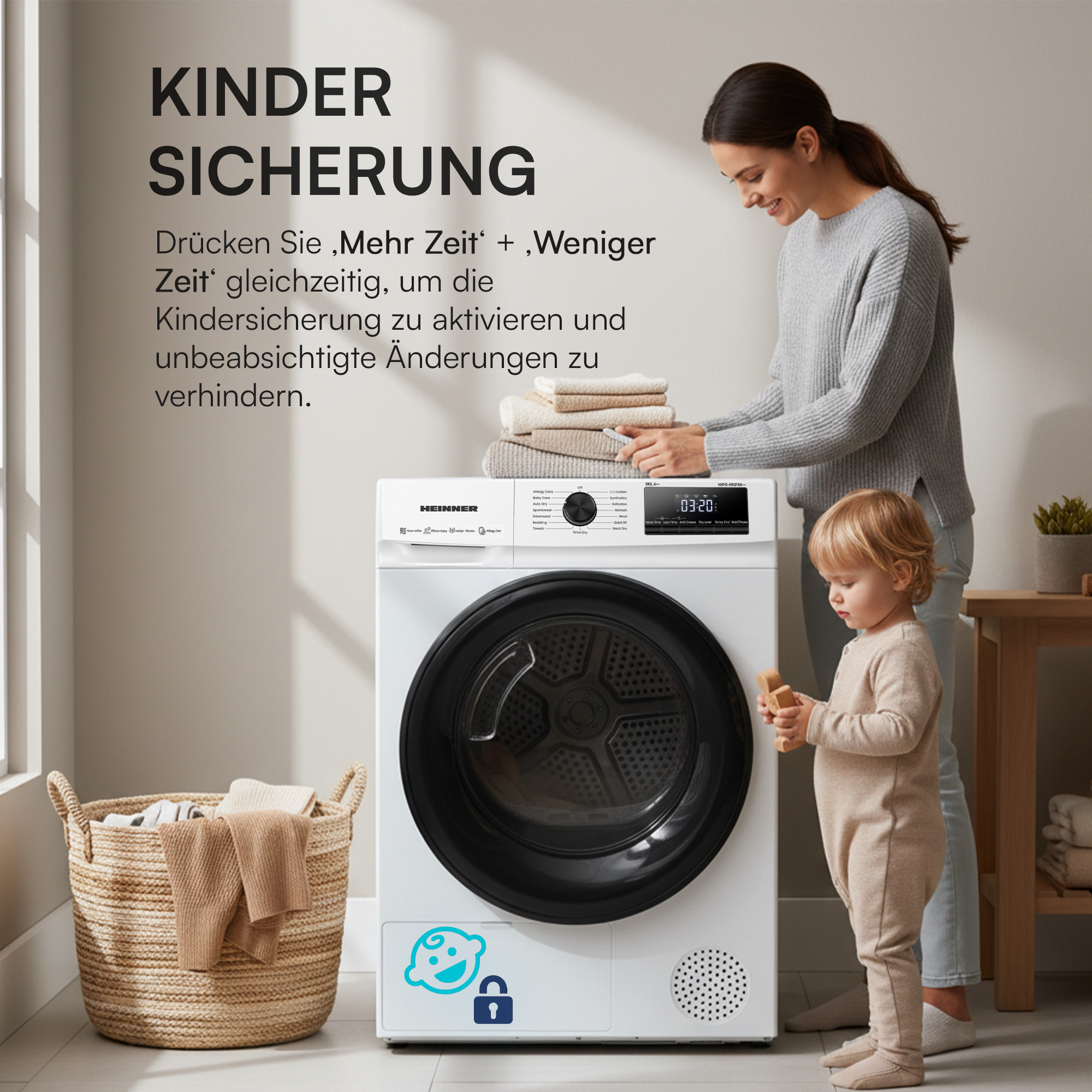 Eine Frau und ein Kind stehen in der Nähe eines weißen Trockners. Der Trockner hat eine schwarze Tür. Ein Wäschekorb ist in der Nähe.