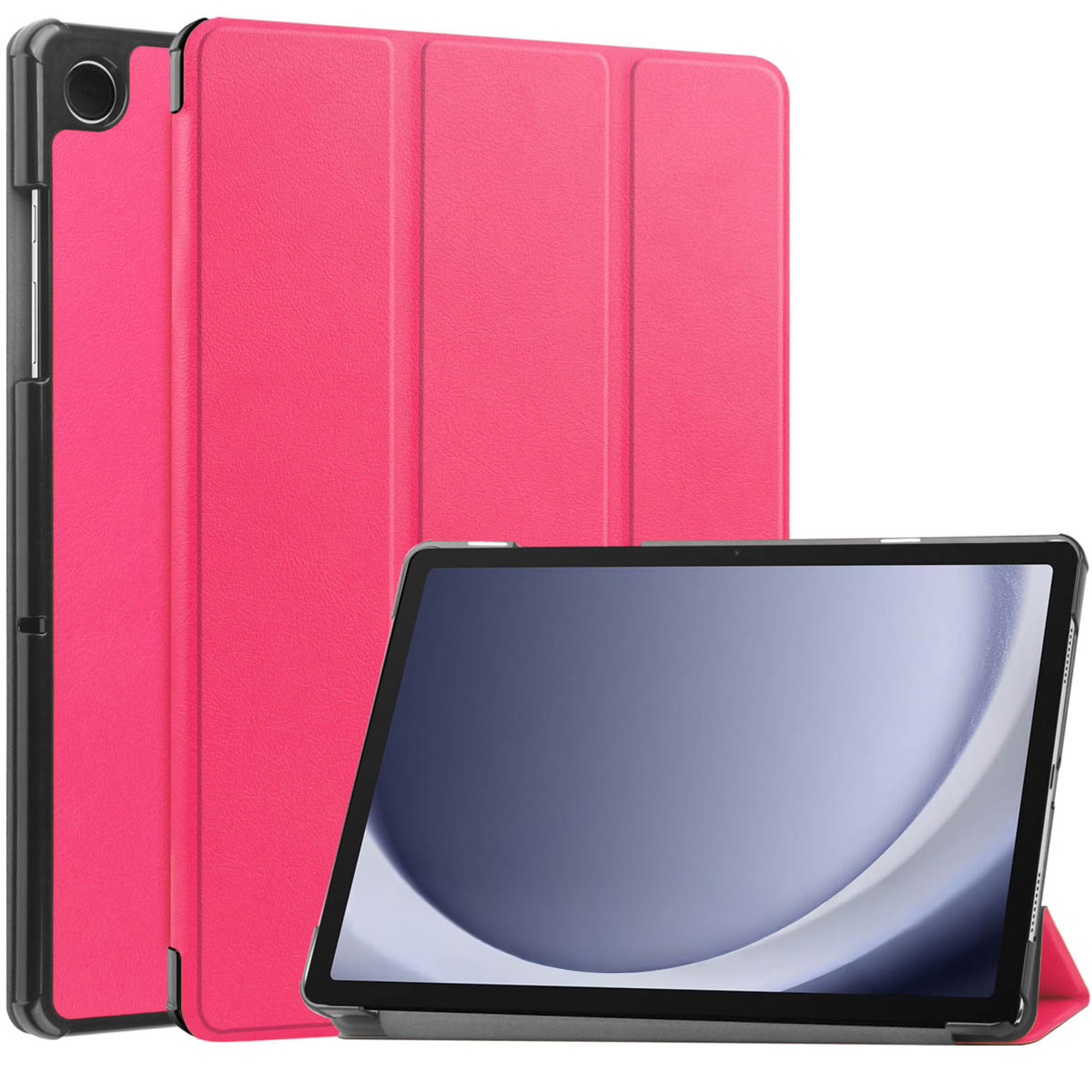 Tablette avec une housse rose. La tablette est noire, et la housse est en deux parties et pliée.