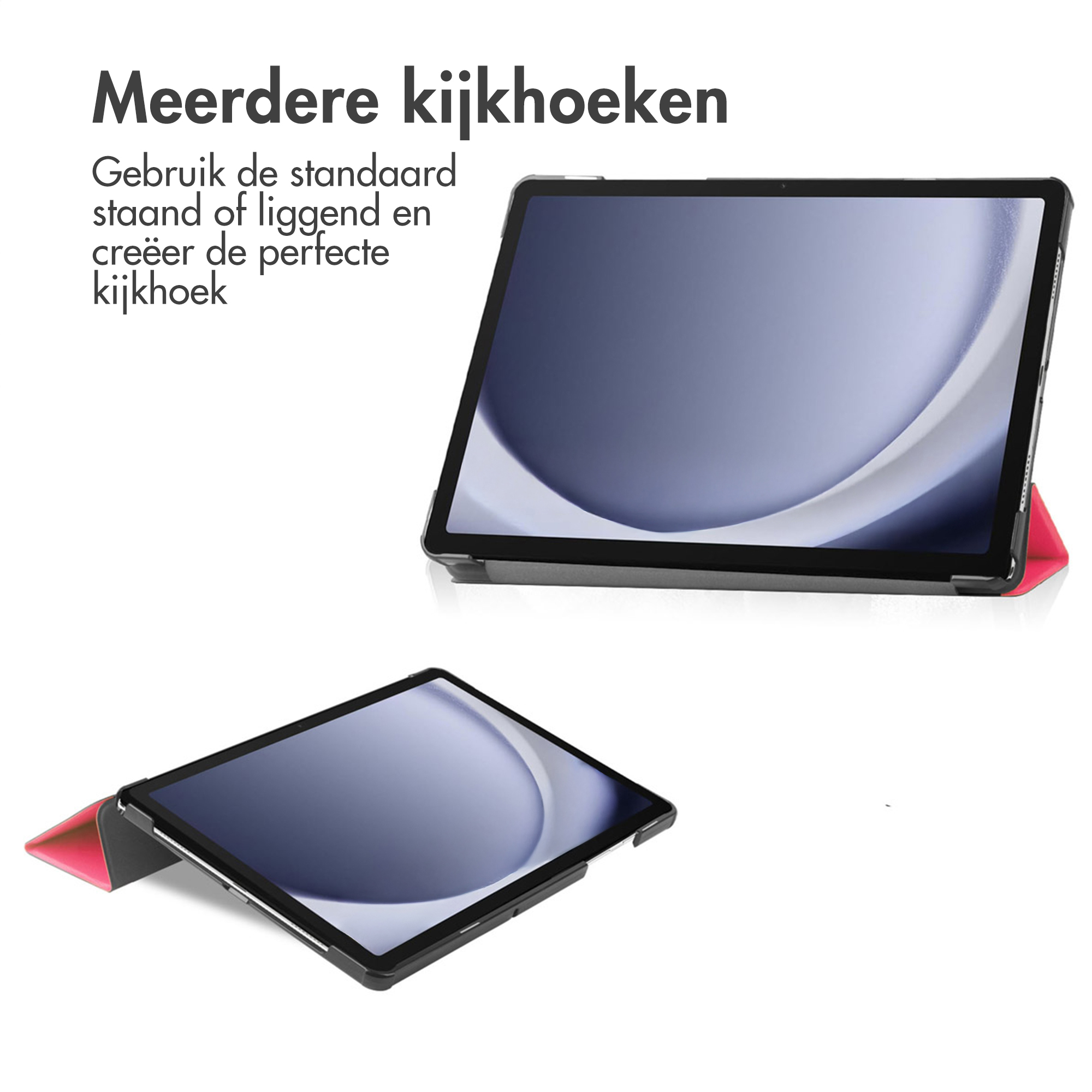 Deux tablettes sur fond blanc. Texte en haut, 'Meerdere kijkhoeken' et instructions en bas, debout ou couché.
