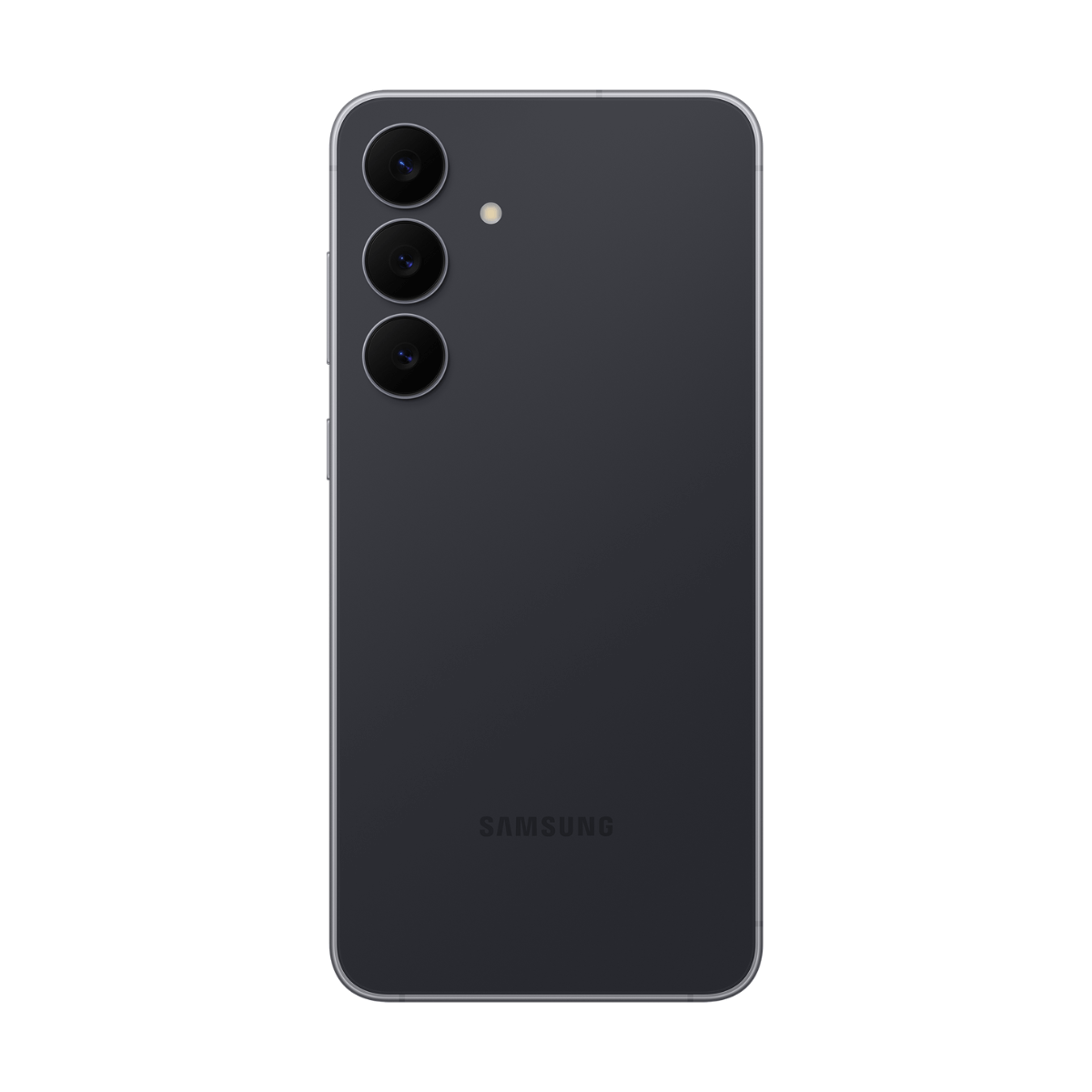 Rückansicht eines dunkelgrauen Smartphones mit drei Kameralinsen und einem Blitz. Das Samsung-Logo befindet sich unten.