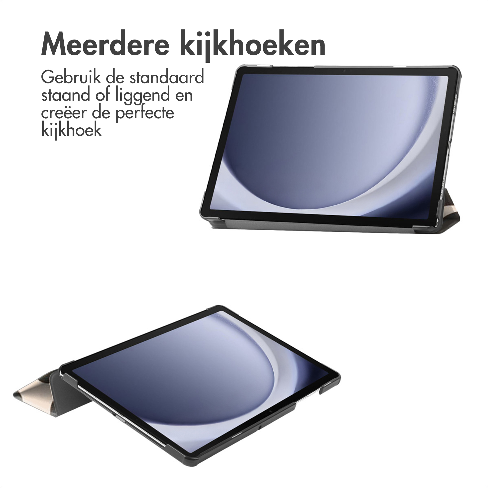 Image shows two tablets in cases. Text above says 'Multiple viewing angles'. White background.