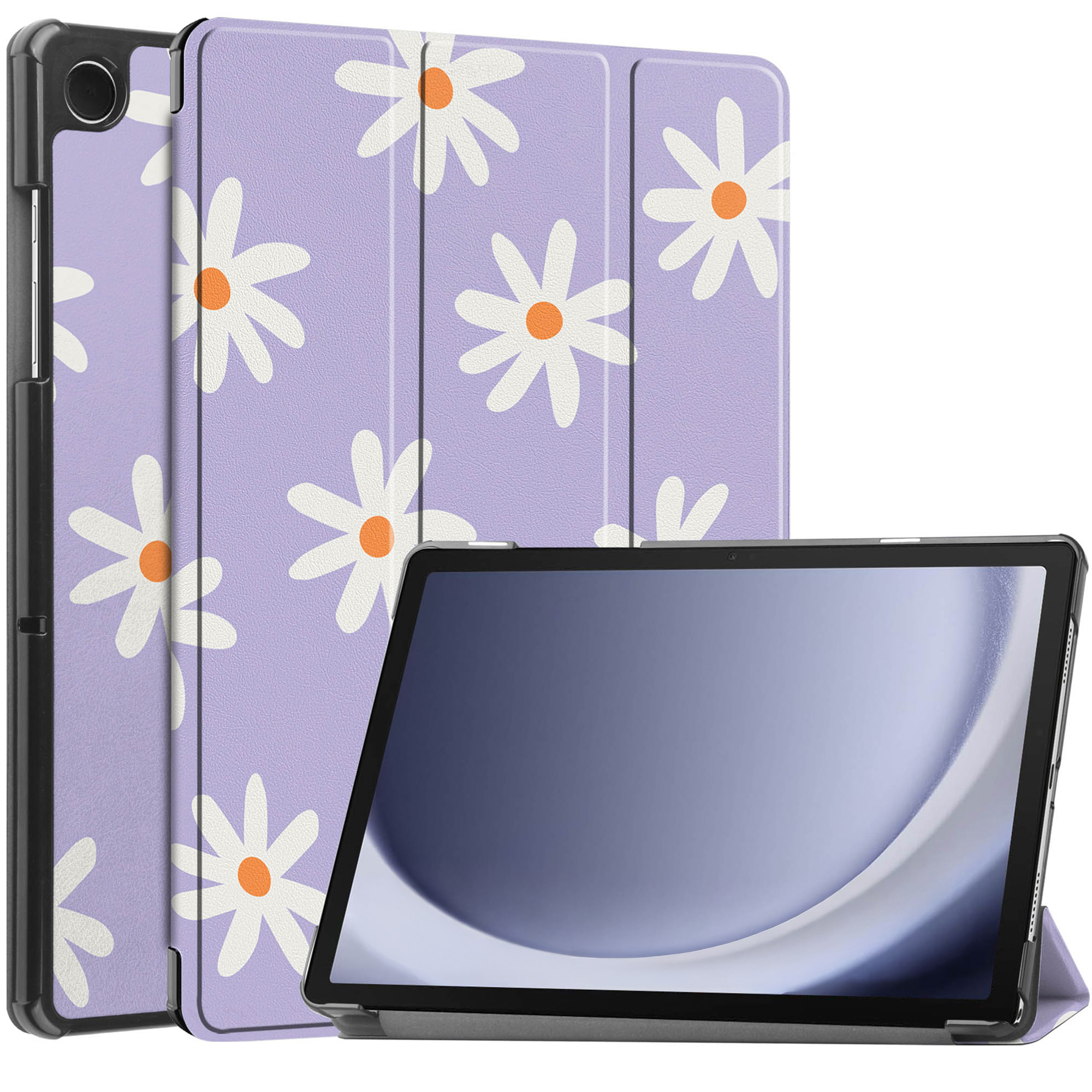 Tablet with a purple daisy-covered case. The tablet is open. The screen is on and shows a light background.