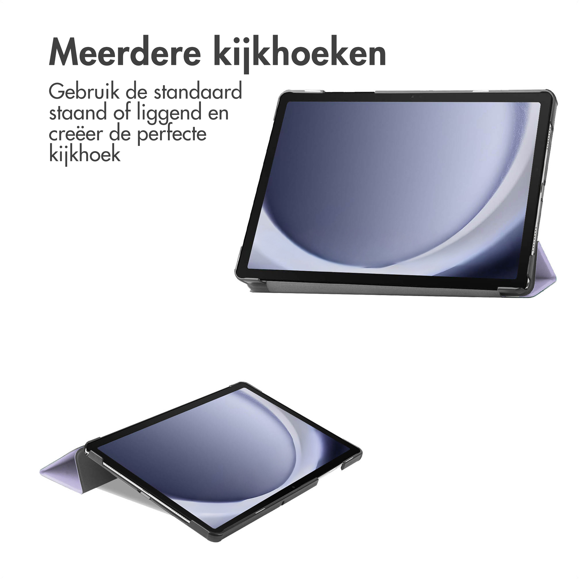 Two tablets on white. One angled, showing screen. Text in Dutch: Multiple viewing angles.