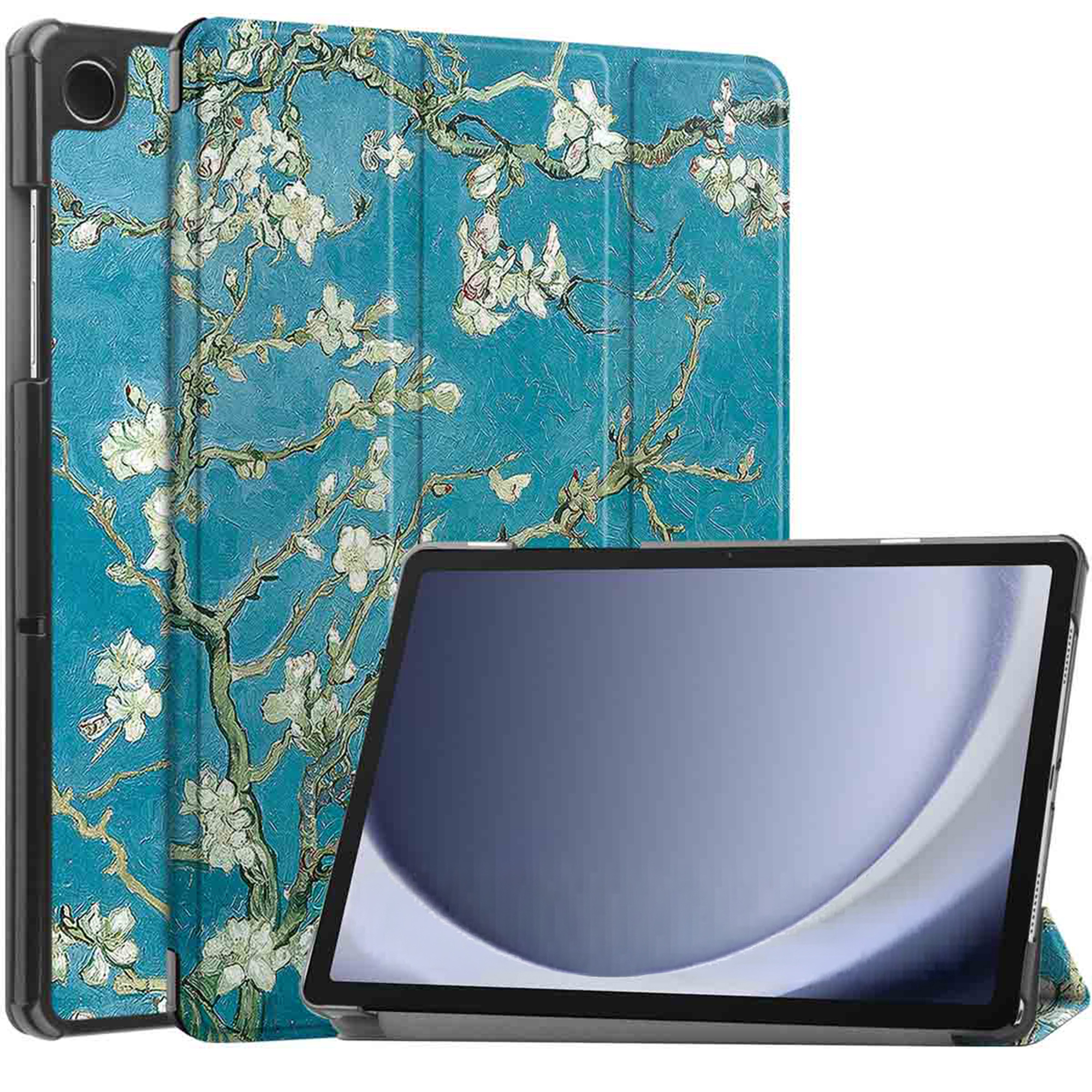 Tablette avec étui de style Van Gogh. Fond bleu-vert avec des fleurs blanches et des branches. L'écran de la tablette est sombre.