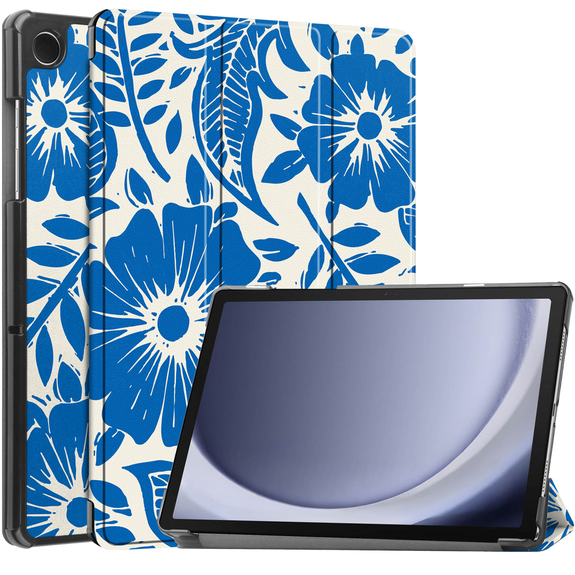 Tablet with blue floral case. The tablet is black, with a screen. The case is white with blue flowers.