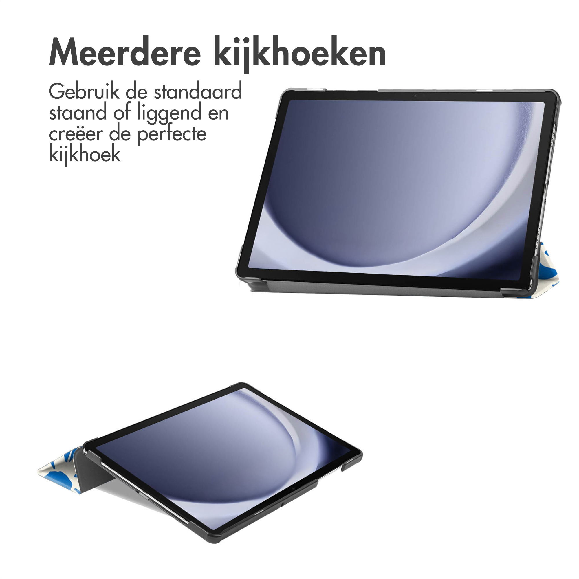 Image shows two tablets, one standing, one lying. Both have black frames and blue-patterned cases.