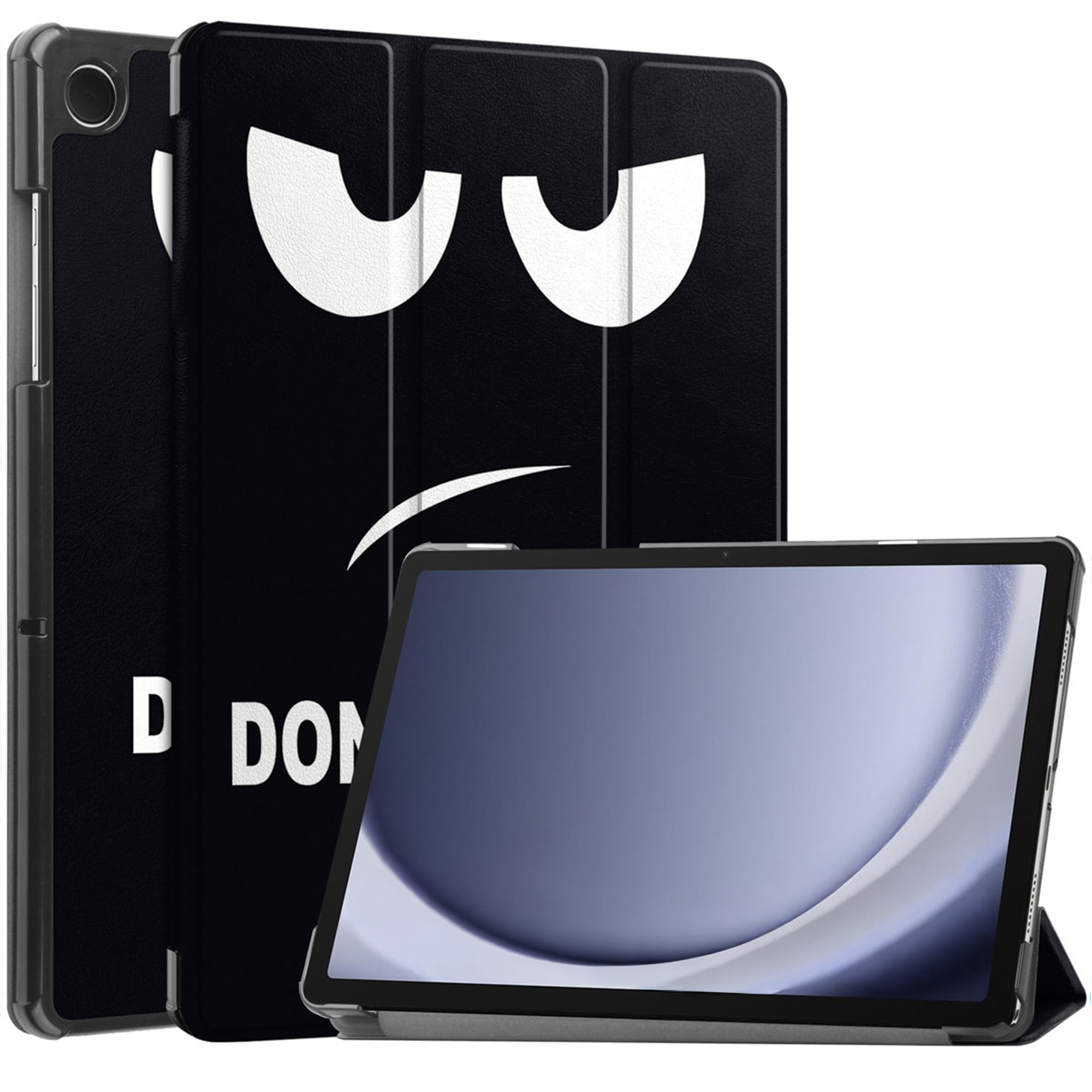 Tablet with a black cover. The cover has white eyes and a mouth. The tablet has a gray frame and a dark screen.