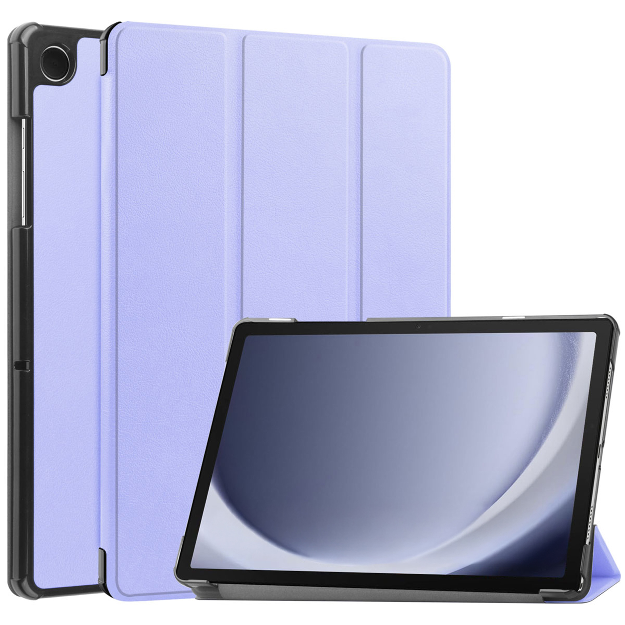 Une tablette dans un étui lavande. L'étui est ouvert, révélant la tablette. Le fond est blanc.