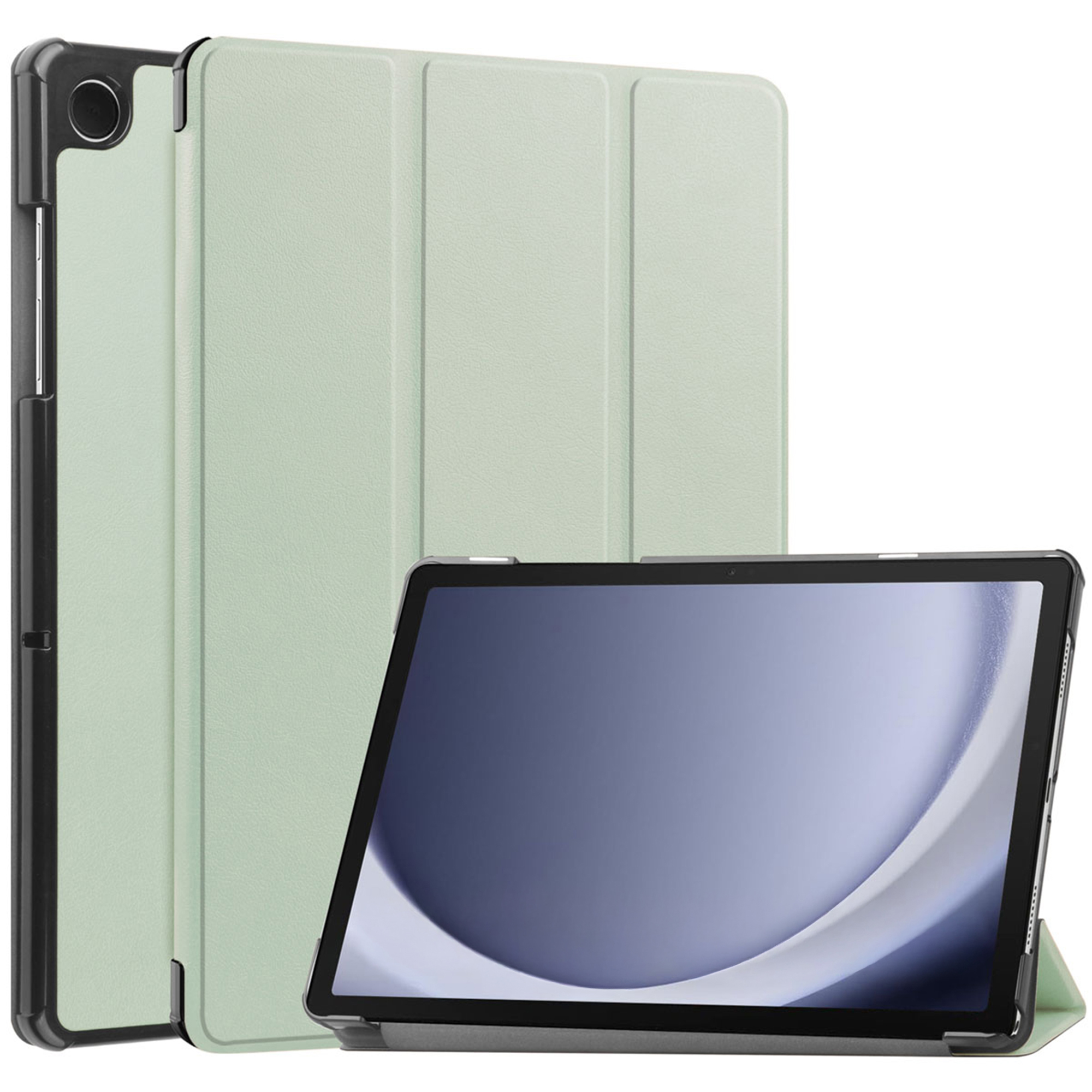 Tablet met lichtgroene hoes. Het scherm toont een lichtblauwe en witte afbeelding. De hoes is open en toont het scherm.