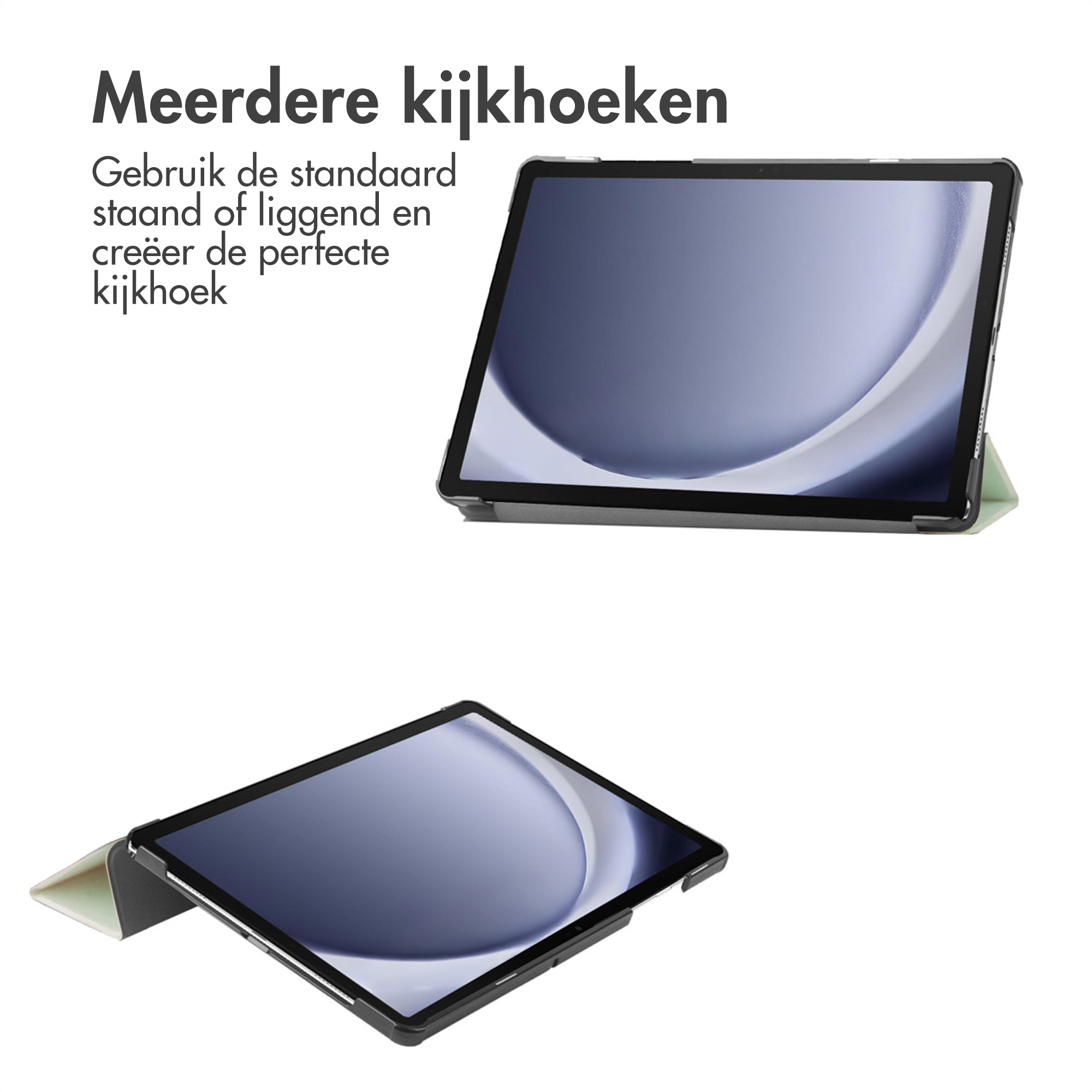 Twee tablets op witte achtergrond, één gekanteld, de andere in een hoes. Tekst: Meerdere kijkhoeken.