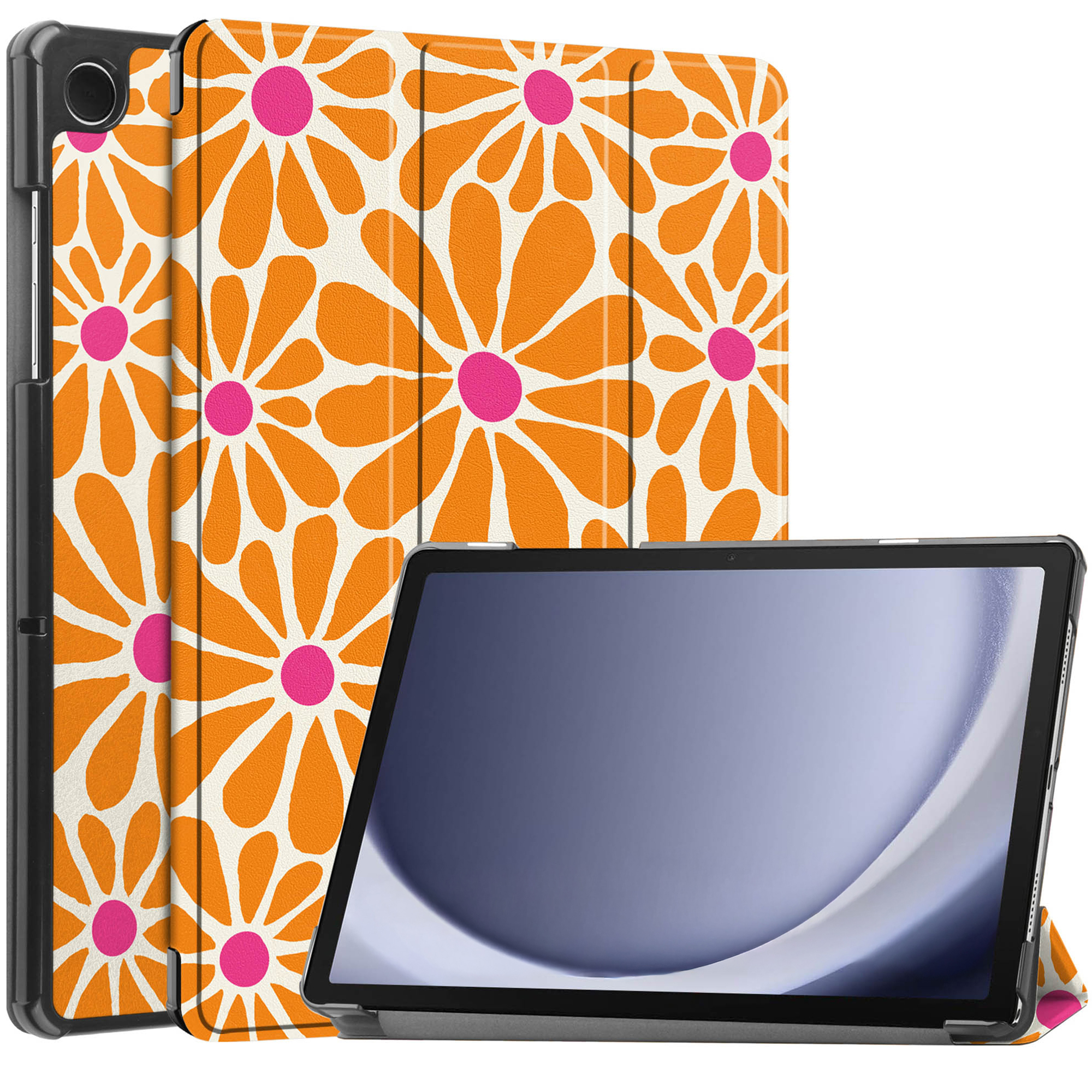 Tablette avec étui à motifs de fleurs oranges. Centres roses. Cadre noir. Écran visible. Fond blanc.