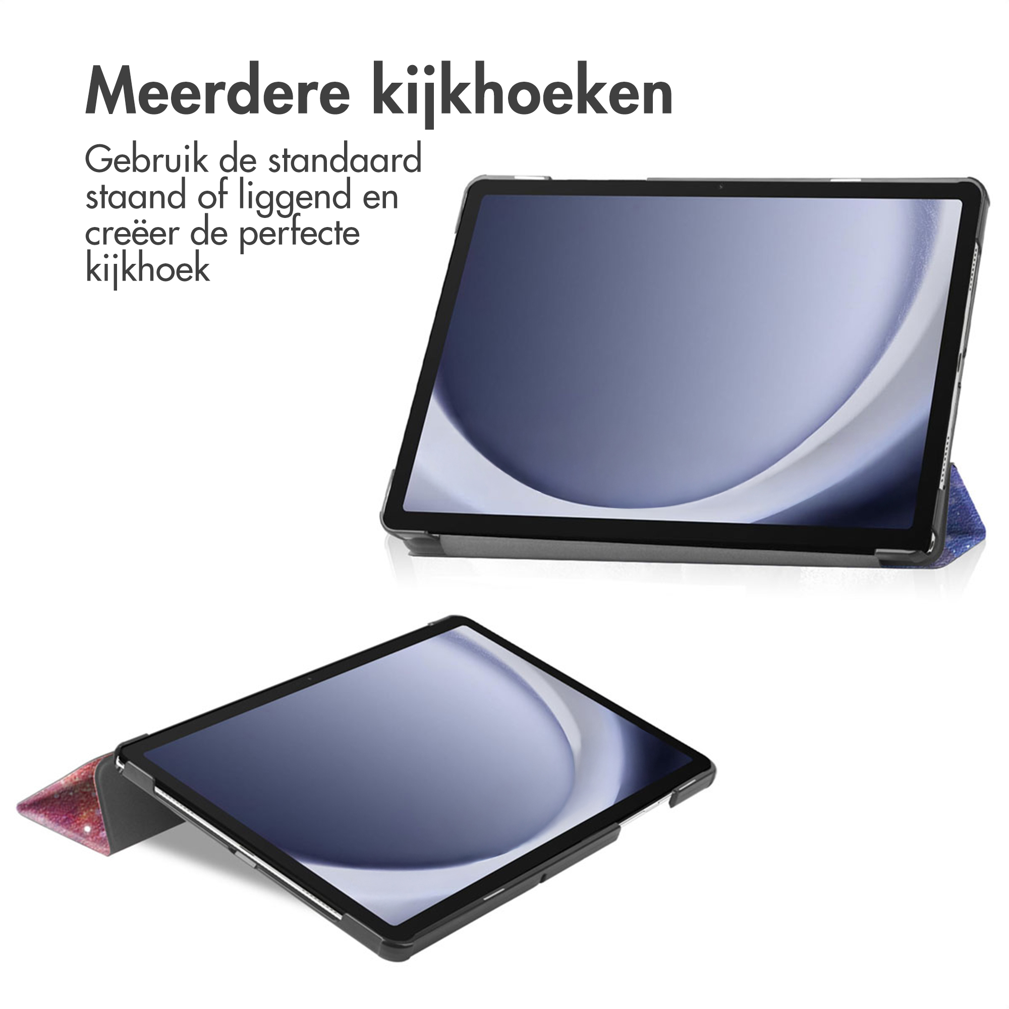 Two tablets displayed. One upright, the other at an angle. Both have black cases and light-blue screens, on a white background.