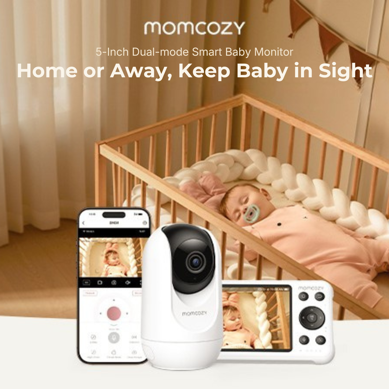 Baby monitor setup: camera, phone, monitor, and baby in a crib. Screen shows baby. Text: Keep Baby in Sight.