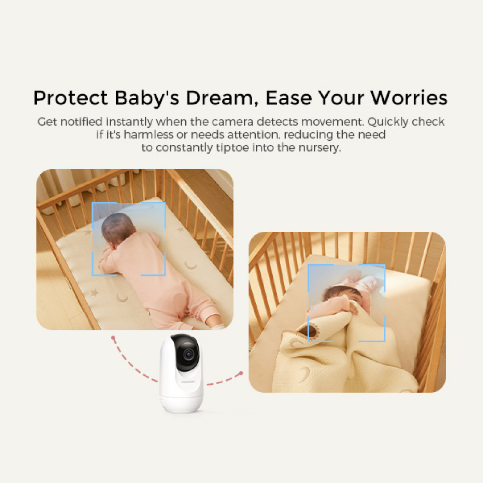 Image shows baby monitor concept. Two babies are in cribs. A camera is shown at the bottom.