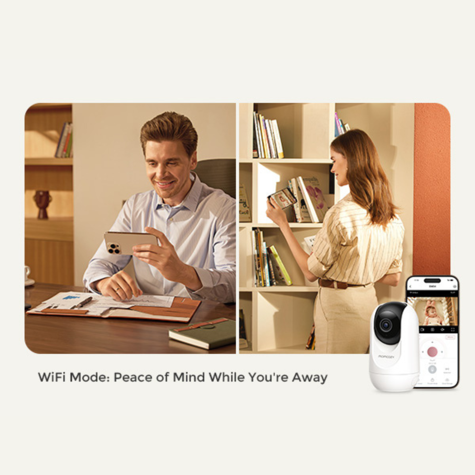 A man and woman use phones. A security camera and phone show a baby. Bookshelves are in the background.