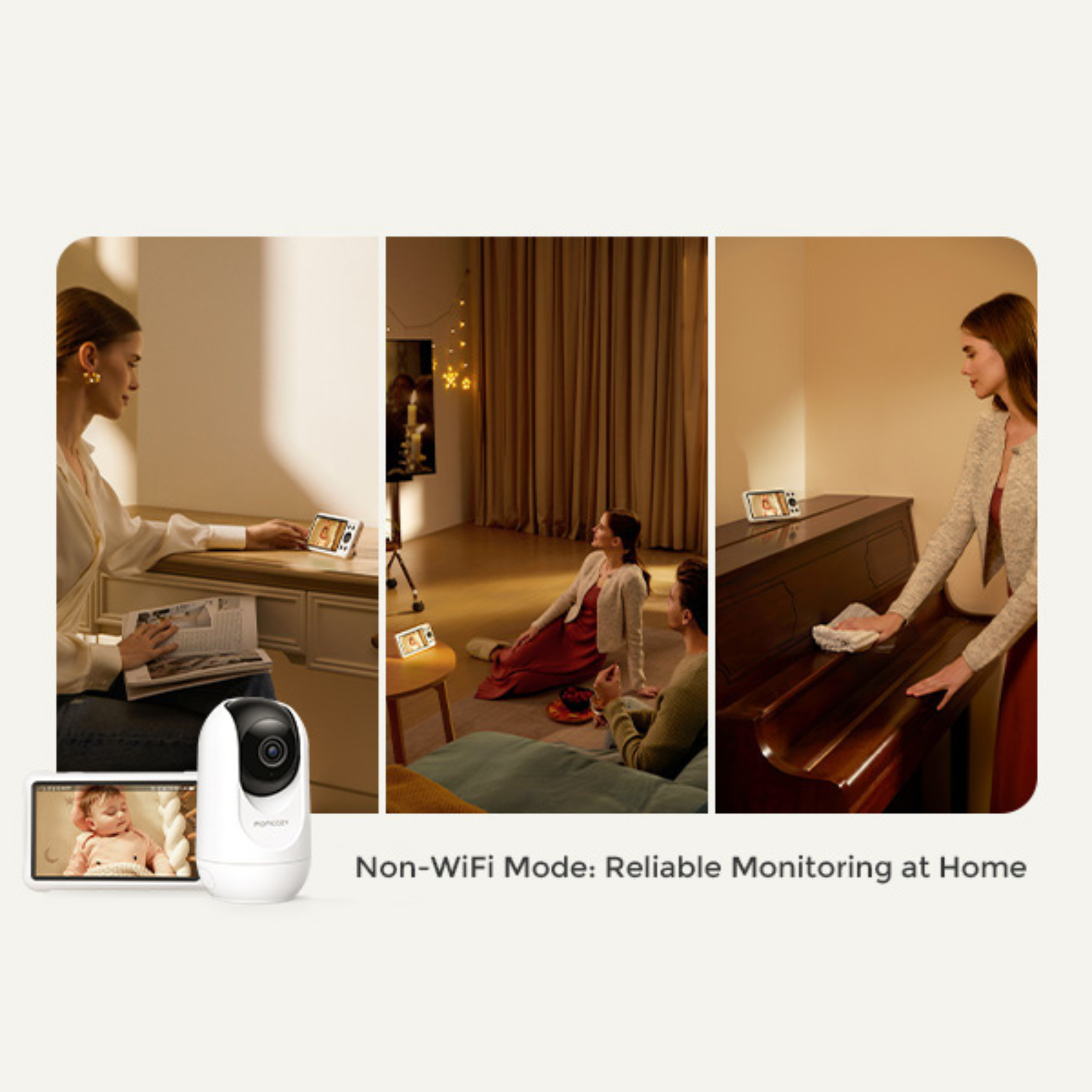 Image shows three scenes of people using a monitoring device at home. A camera and a baby image are also in the foreground.
