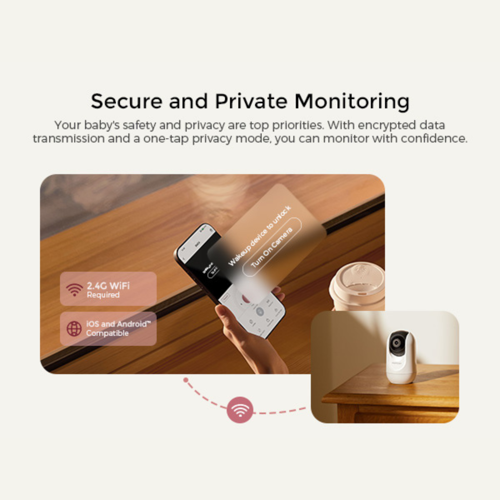 Image shows a smartphone, a baby monitor, and text about secure monitoring, 2.4G WiFi, and iOS/Android compatibility.