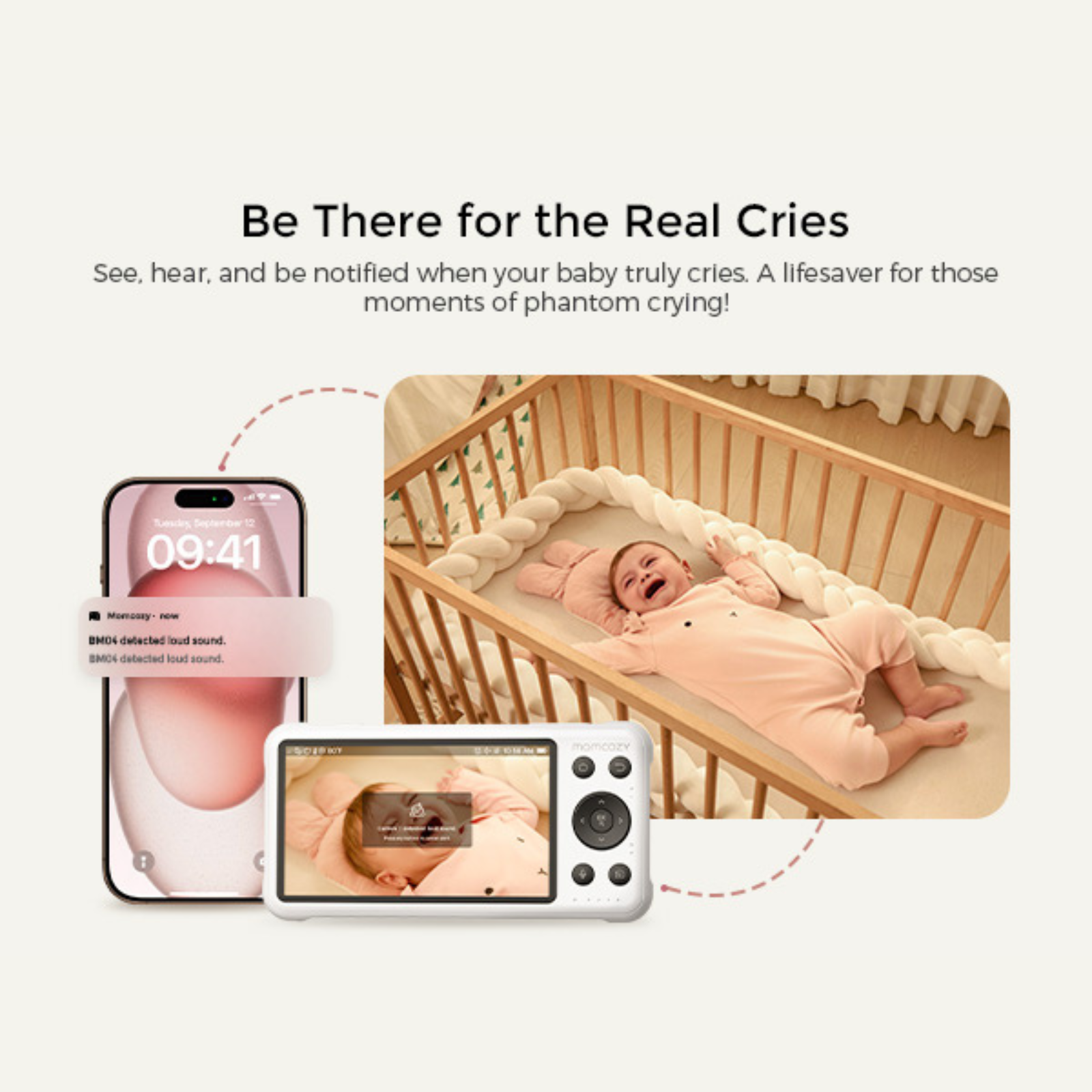 A crying baby in a crib, a phone with a notification, and a baby monitor. The scene shows a tranquil nursery.