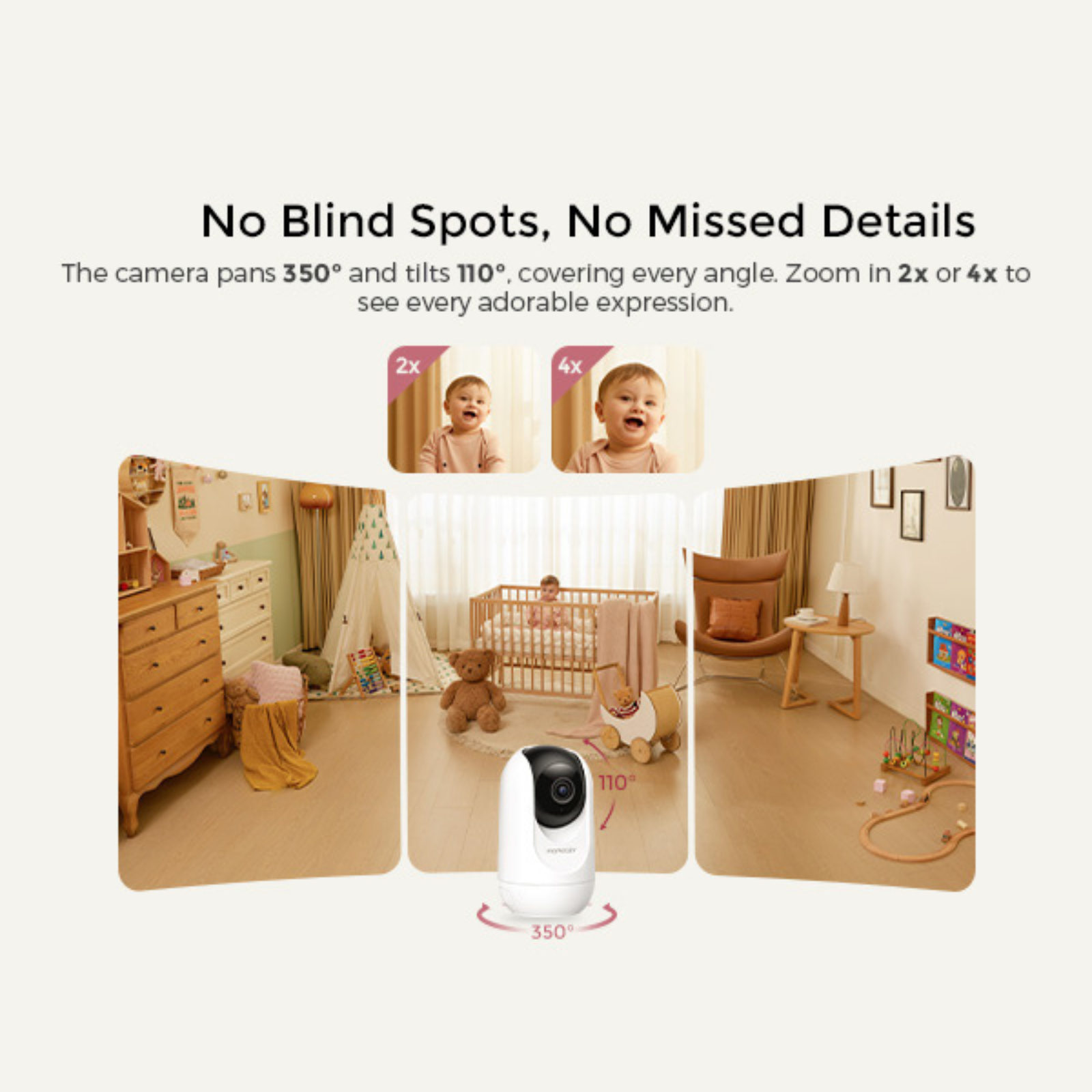 A baby monitor shows a nursery, a baby, and zoom options. It pans 350° and tilts 110°.