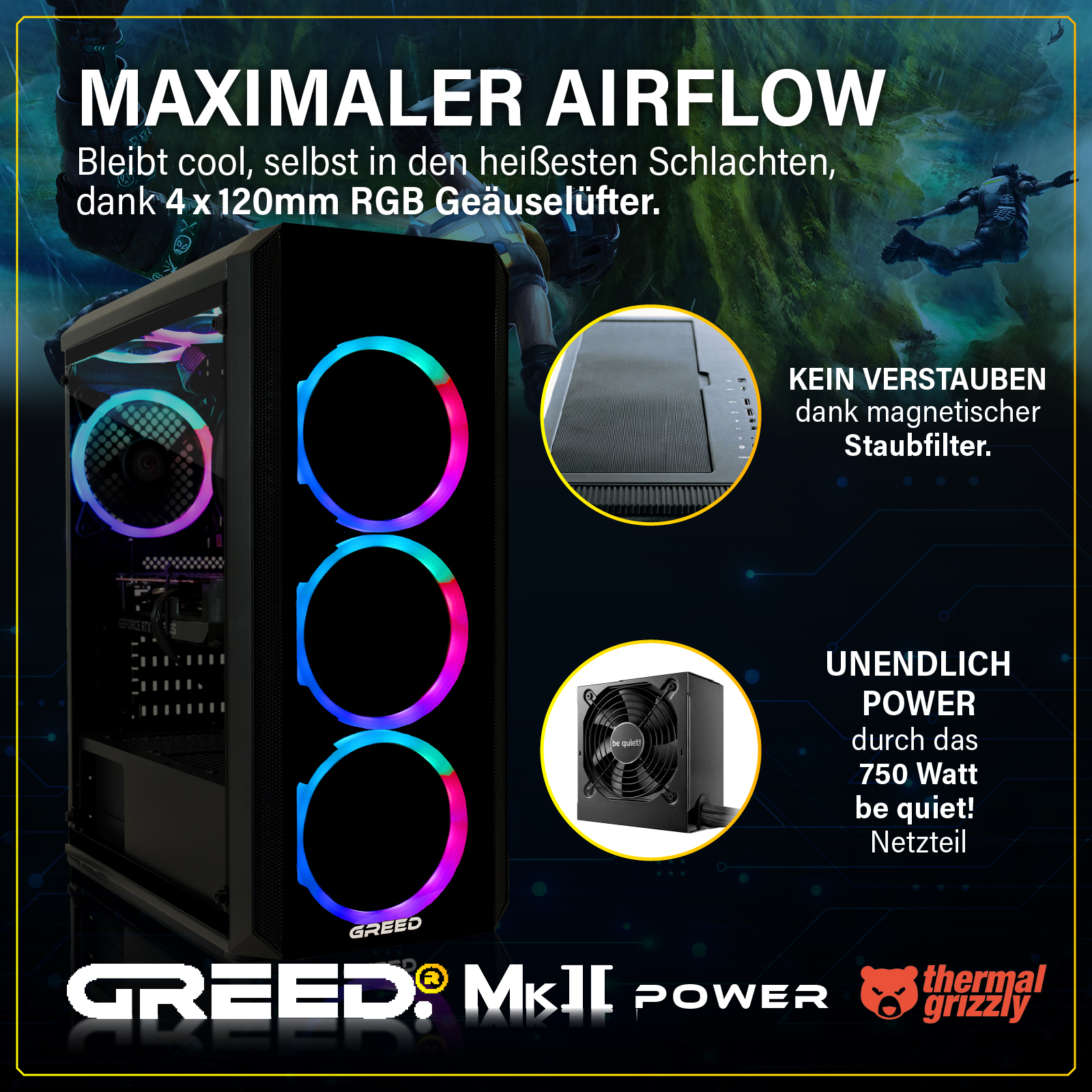 Obudowa PC z wentylatorami RGB. Zawiera filtr przeciwpyłowy i zasilacz 750W.