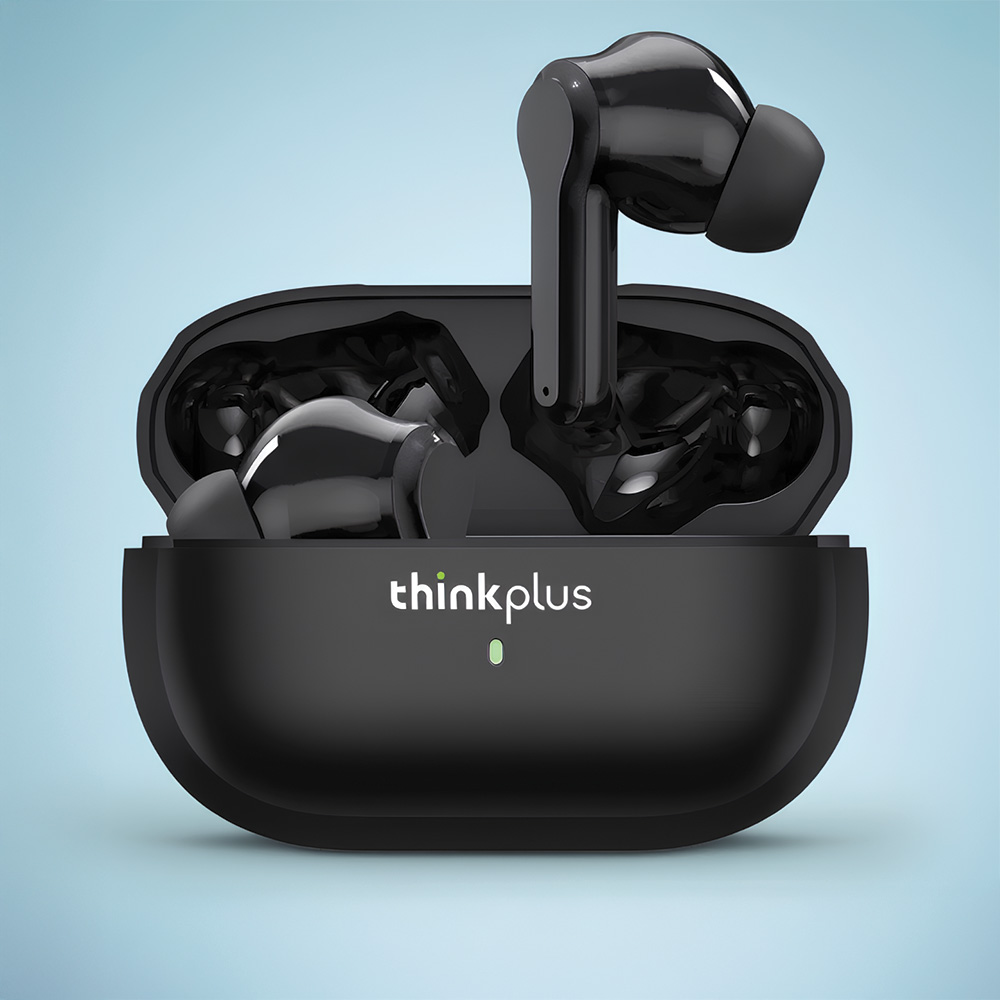 İki kulaklıklı siyah thinkplus kulaklık kutusu. Bir kulaklık dışarıda. Kasanın yeşil ışığı ve mavi arka planı var.