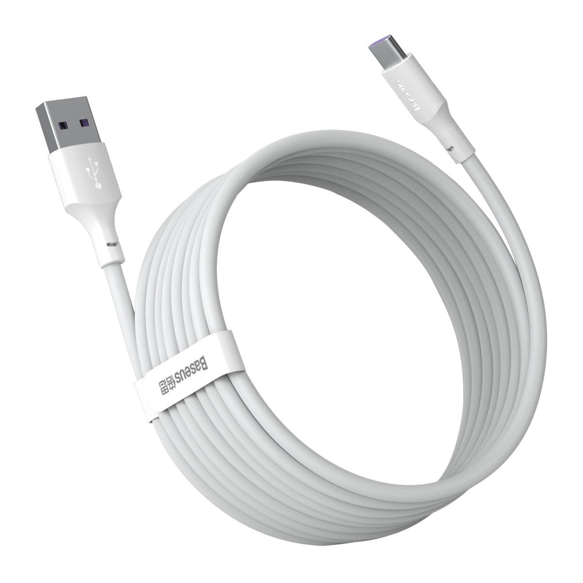 Biały kabel USB Baseus ze złączami USB i USB-C. Kabel jest zwinięty, widoczne logo Baseus.
