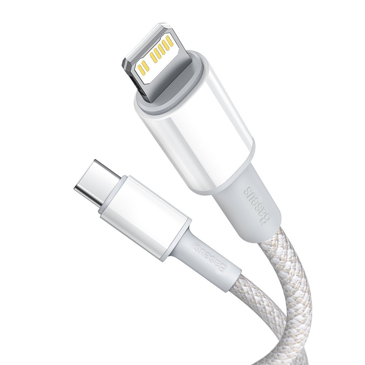 Biały kabel ładujący ze złączem Lightning i złączem USB-C. Kabel jest biało-szary.